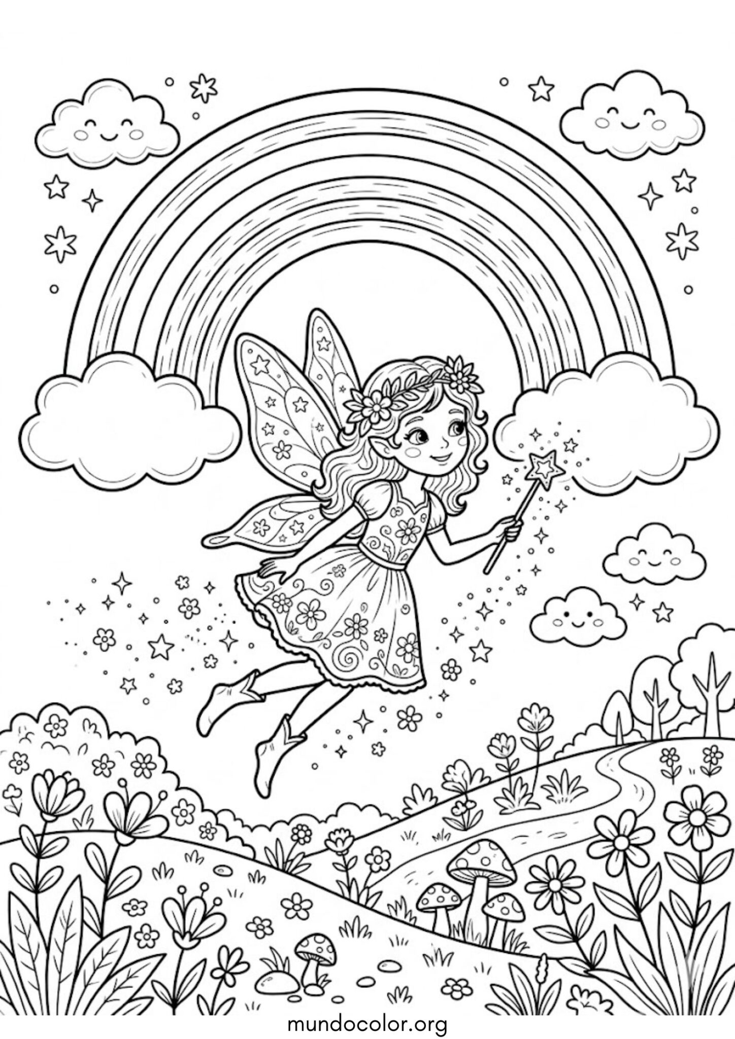 Dibujo de Arcoíris y un hada para colorear