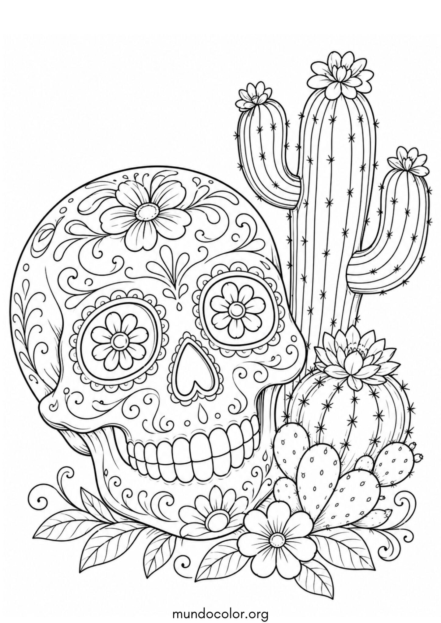 Dibujo de Calavera con cactus para colorear