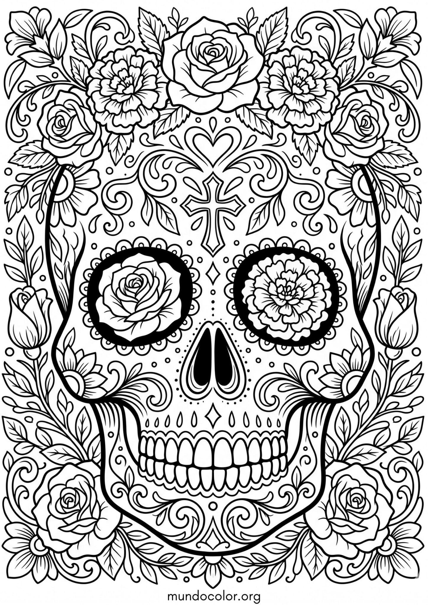 Dibujo de Calavera mexicana con flores para imprimir Dibujo de Calavera mexicana con flores para colorear