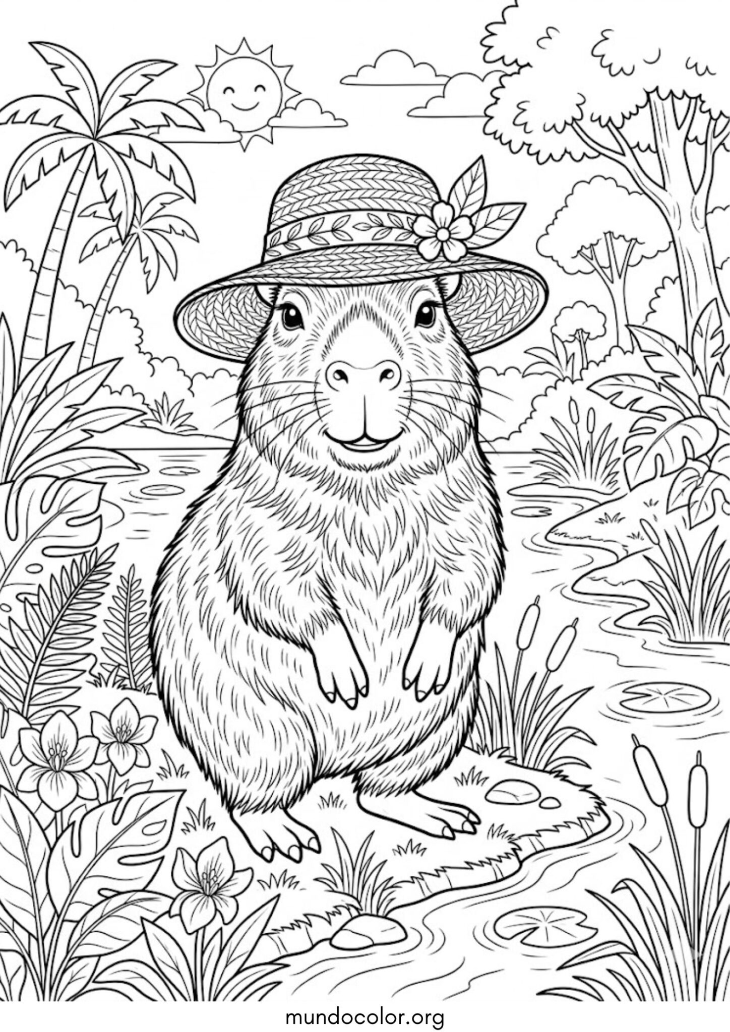 Dibujo de Capibara con sombrero para colorear