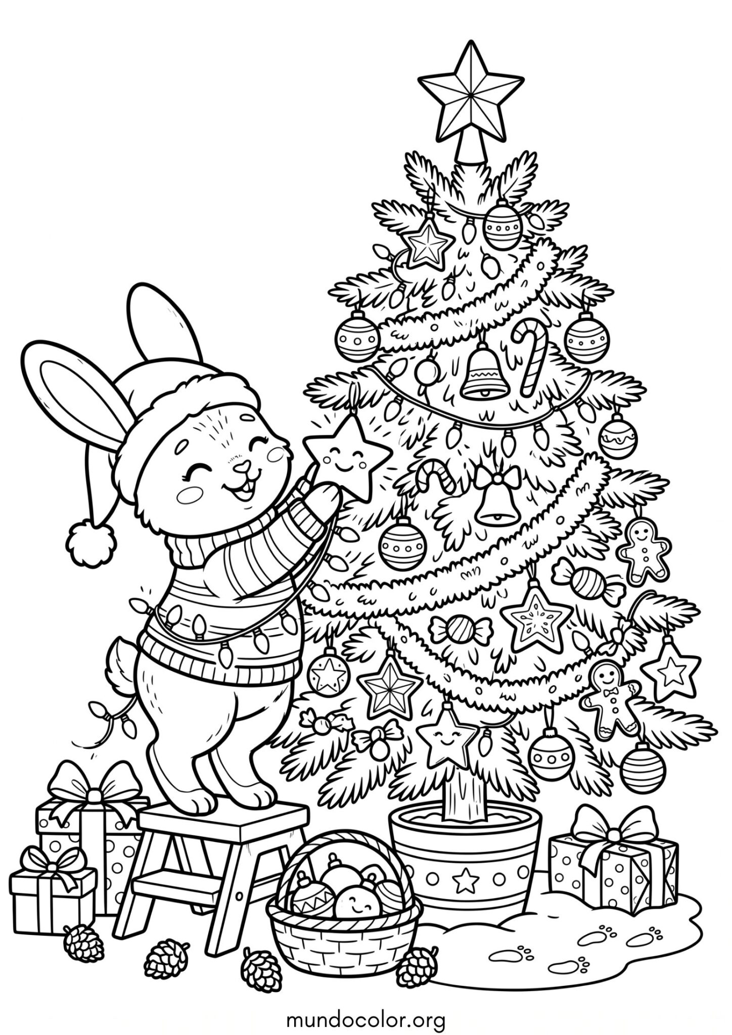 Dibujo de Conejito decorando el árbol de Navidad para colorear