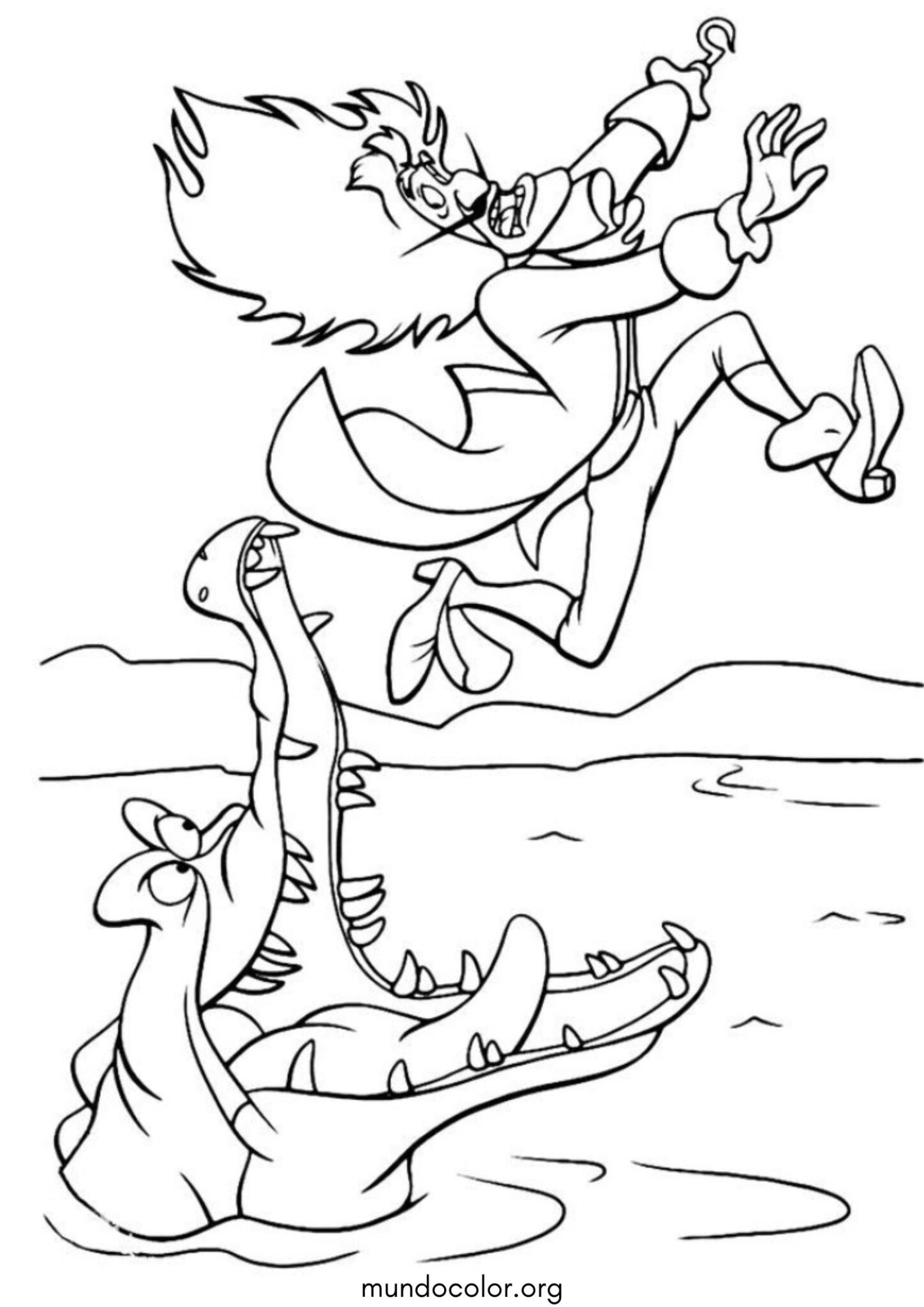 Dibujo de El Cocodrilo Tic Tac y el Capitán Garfio (Peter Pan) para colorear