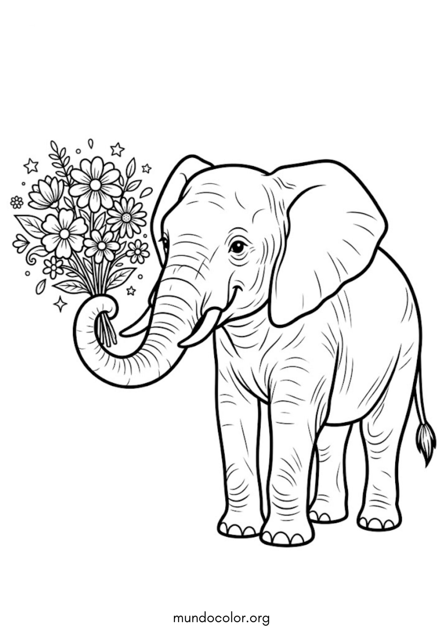 Dibujo de Elefante con flores en la trompa para imprimir Dibujo de Elefante con flores en la trompa para colorear