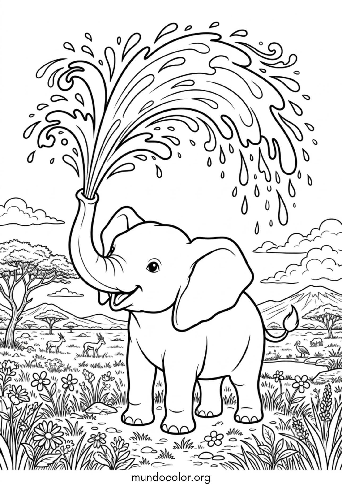 Dibujo de Elefante lanzando agua con la trompa para imprimir Dibujo de Elefante lanzando agua con la trompa para colorear