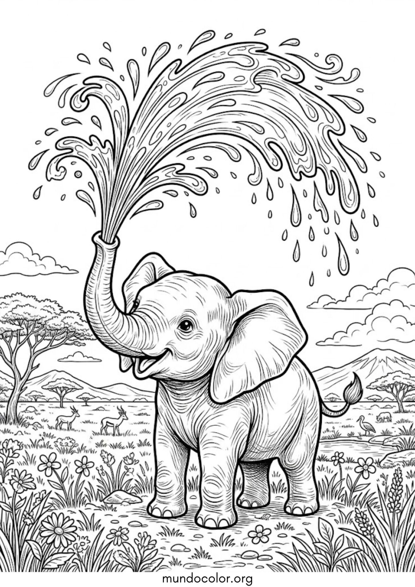 Dibujo de Elefante lanzando agua con la trompa para imprimir Dibujo de Elefante lanzando agua con la trompa para colorear