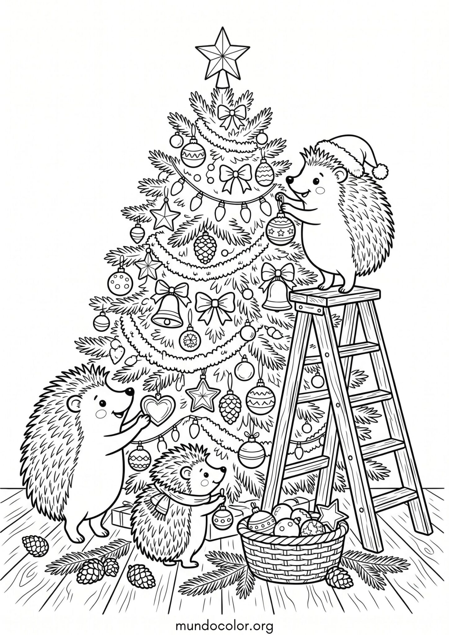 Dibujo de Erizos decorando el árbol de Navidad para colorear