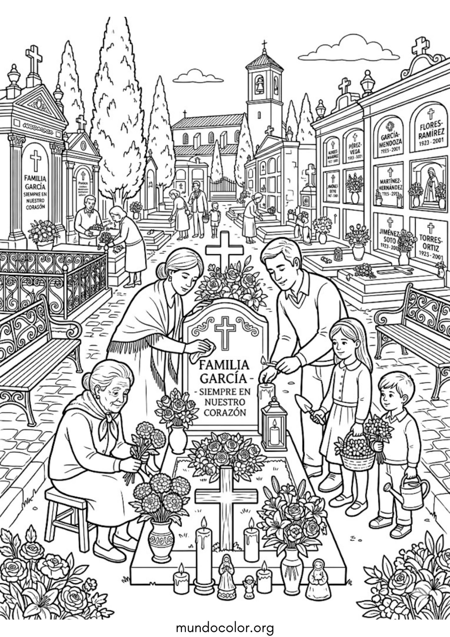 Dibujo de Familia en el cementerio para colorear