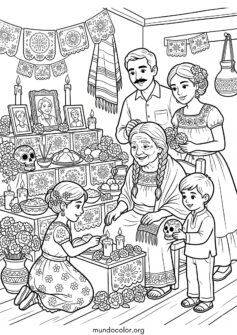 Familia mexicana celebrando el Día de los Muertos