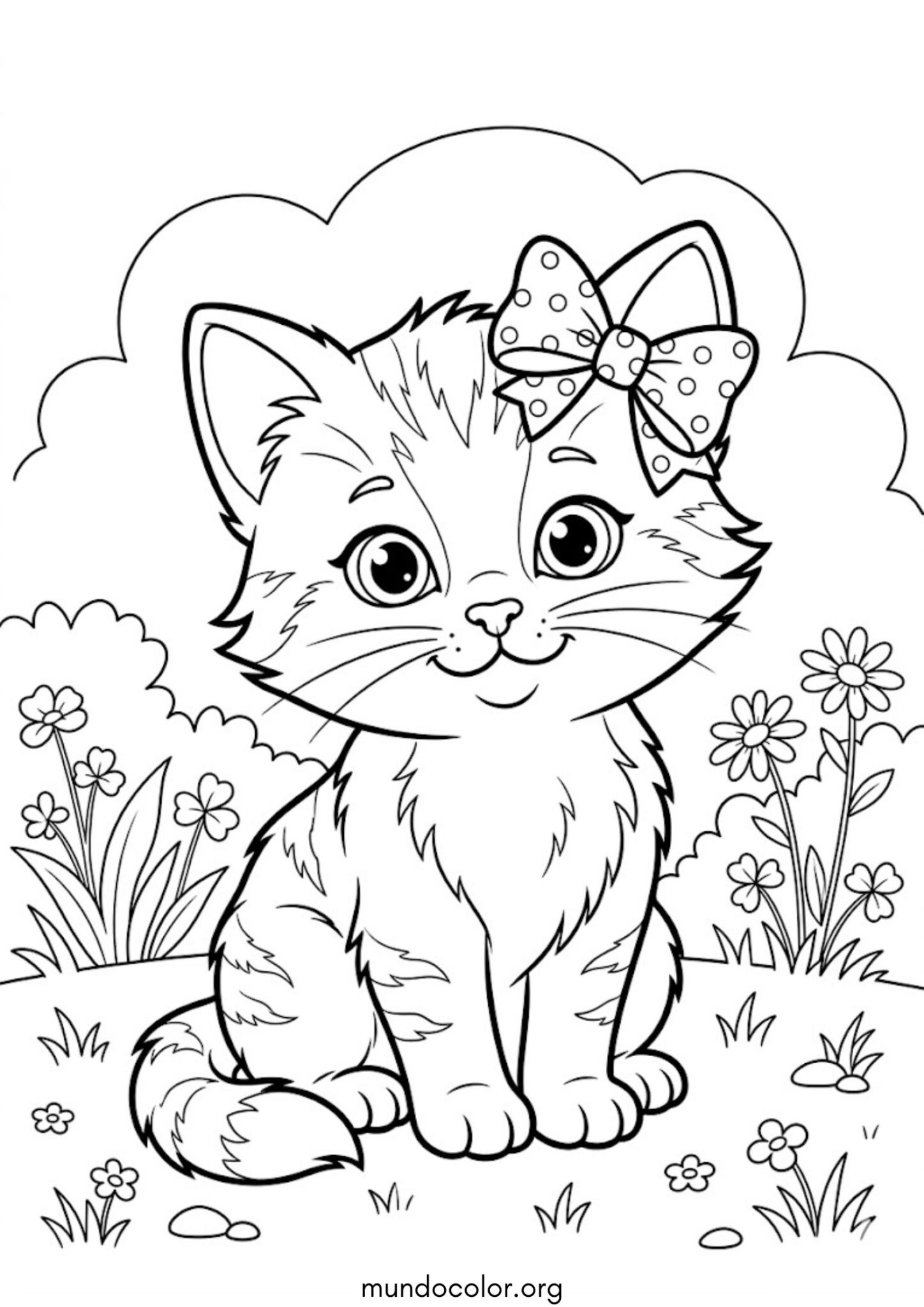Dibujo de Gatito con lazo para colorear