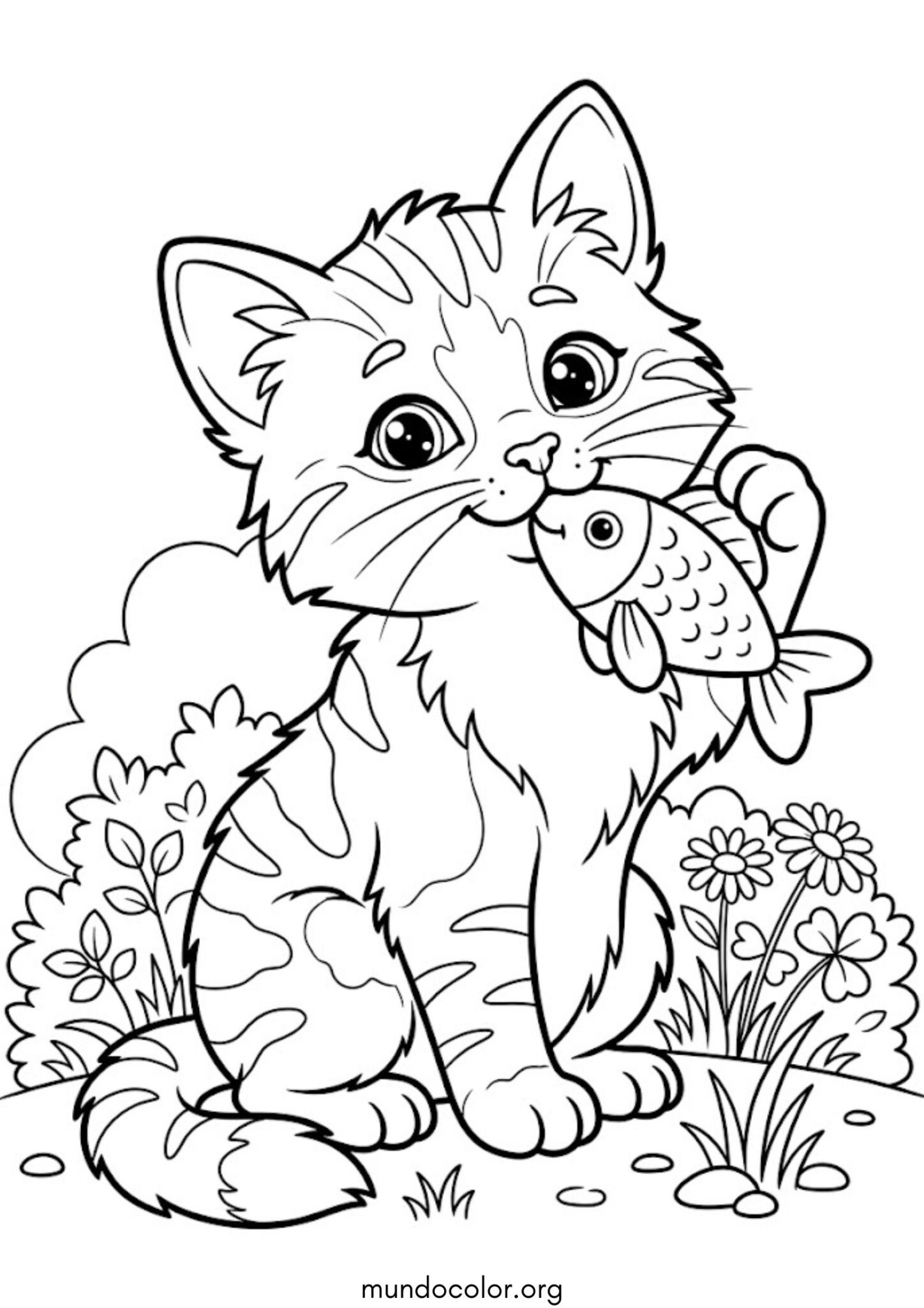 Dibujo de Gatito con pez de peluche para colorear