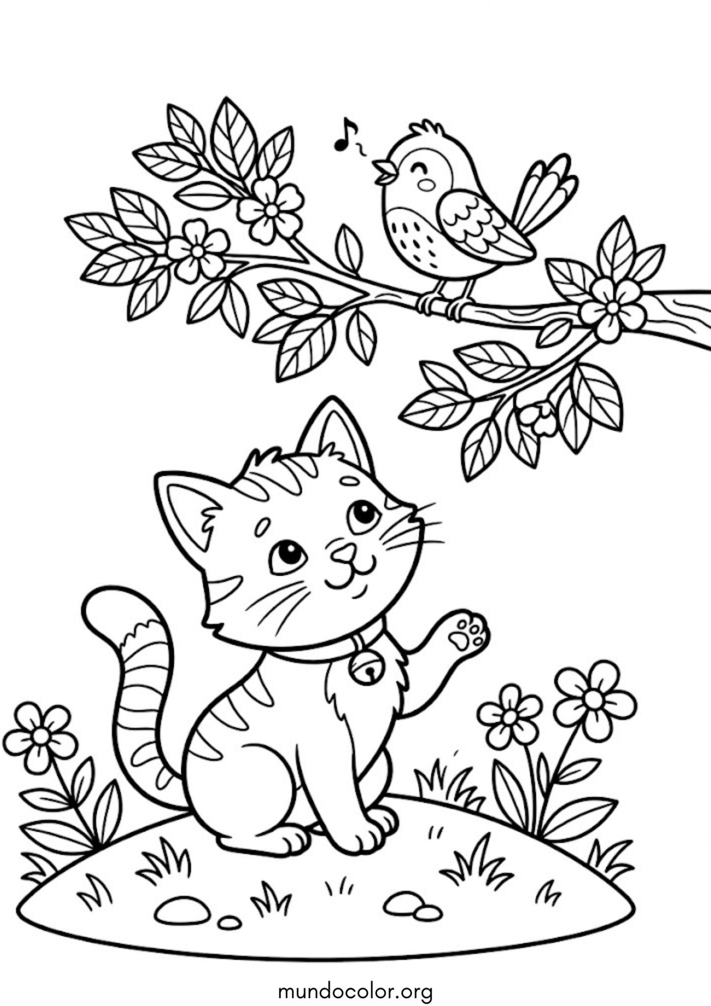 Dibujo de Gatito y pajarito para colorear
