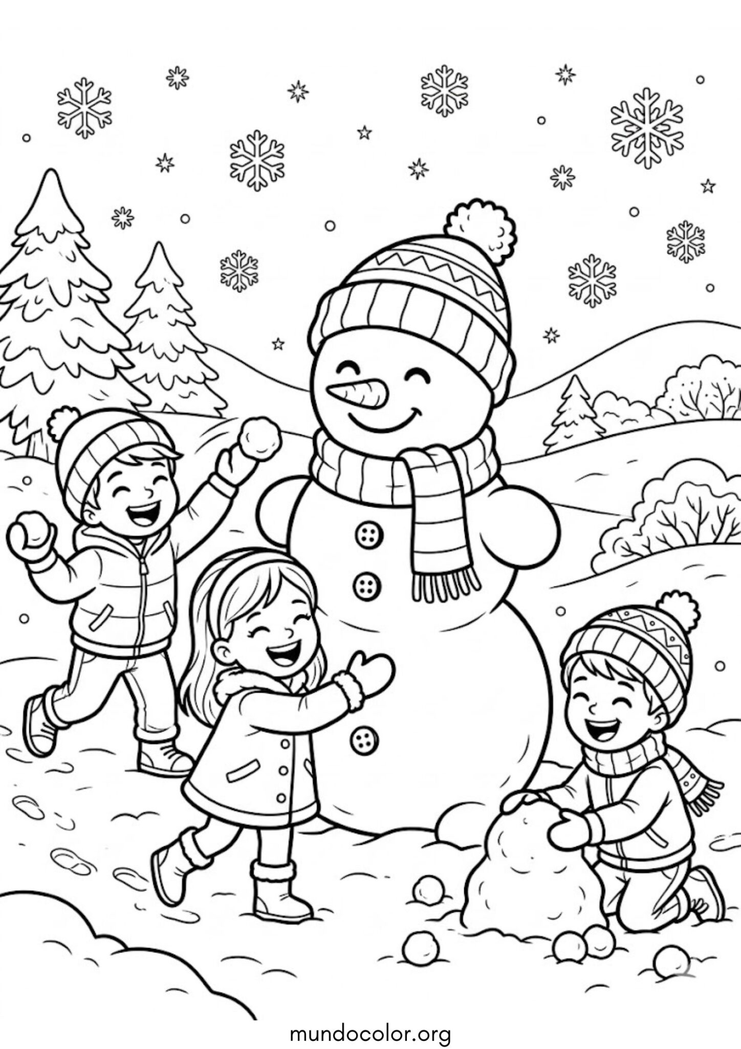 Dibujo de Muñeco de nieve con niños jugando para imprimir Dibujo de Muñeco de nieve con niños jugando para colorear