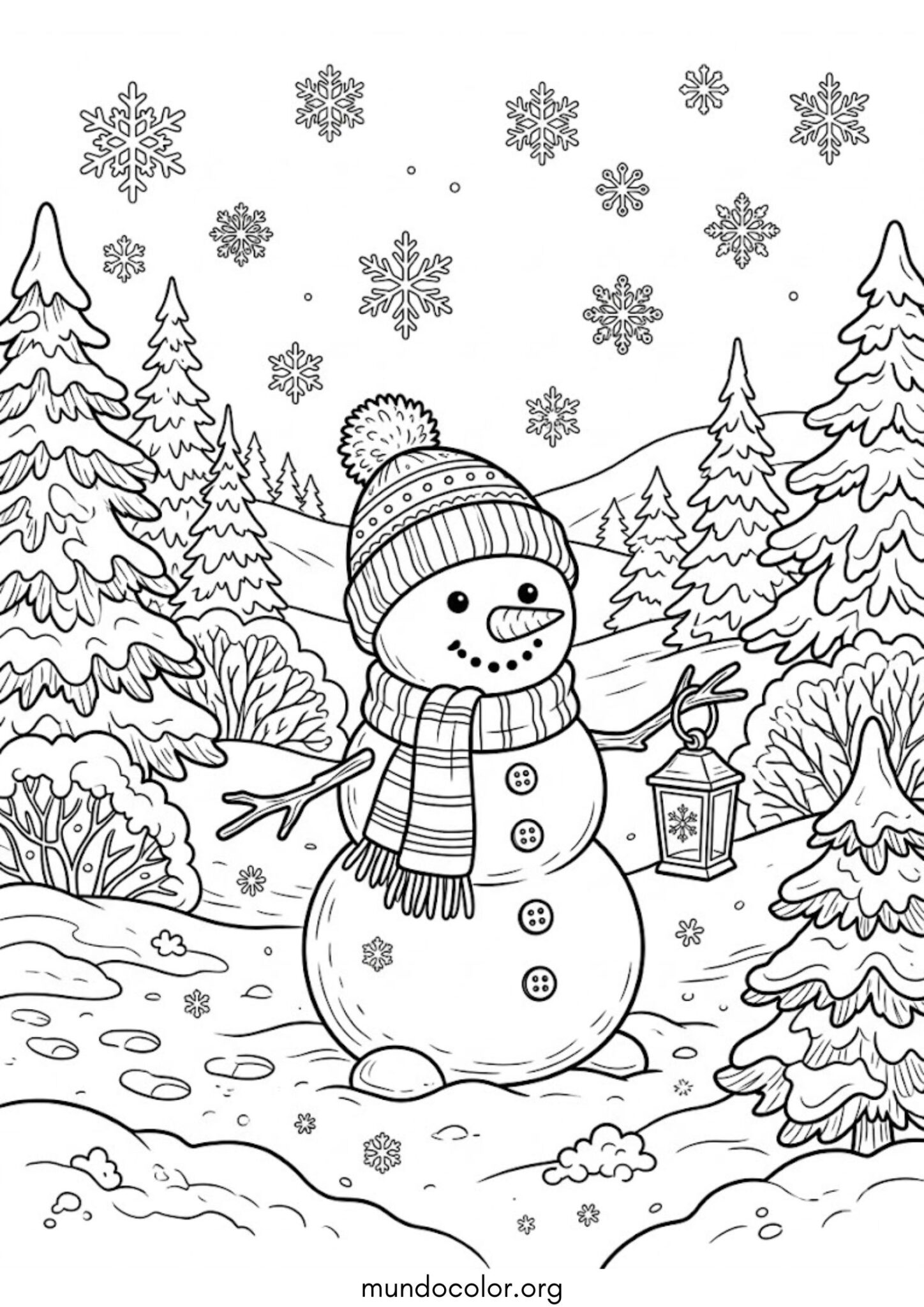 Dibujo de Muñeco de nieve en un paisaje nevado para colorear