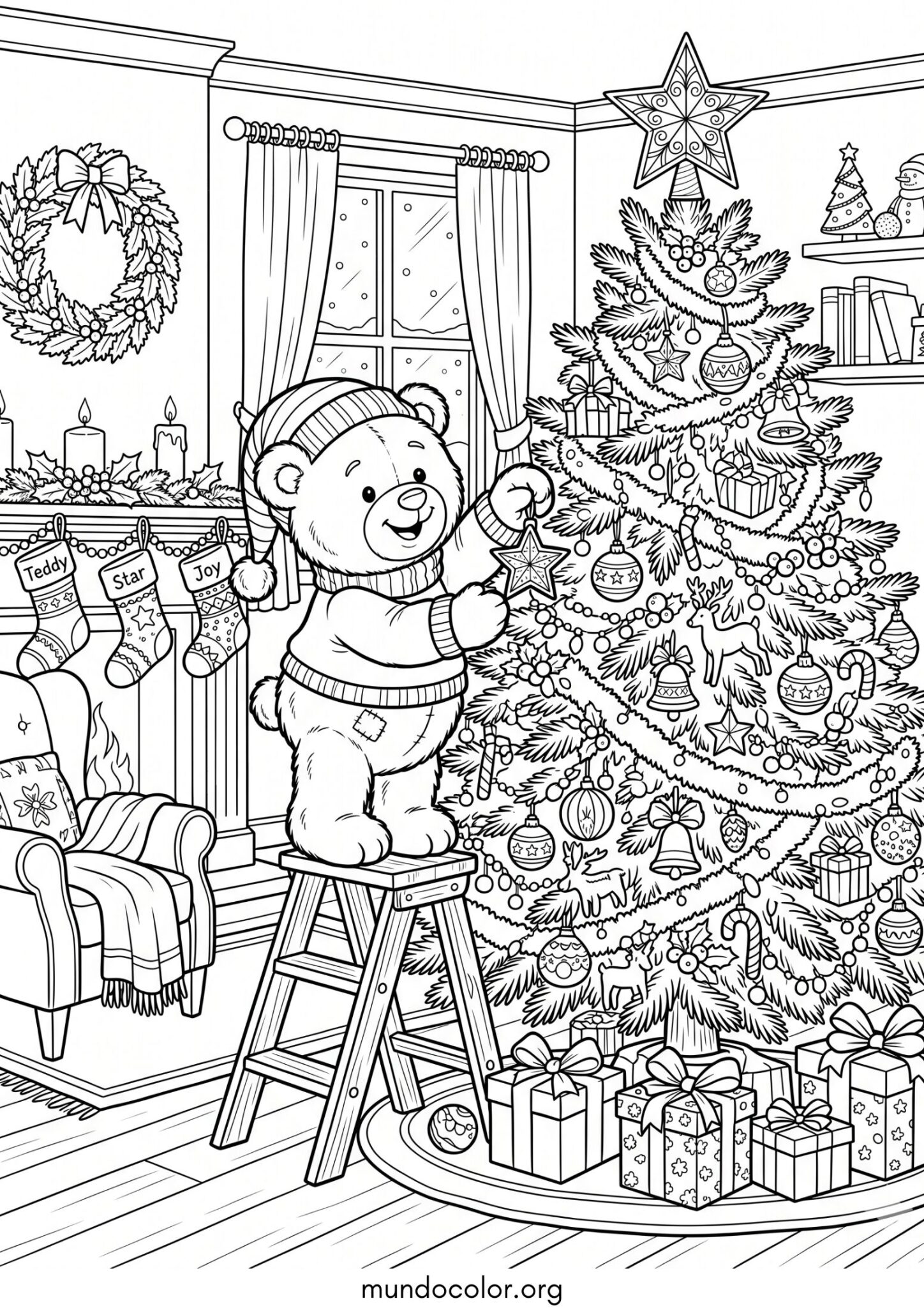 Dibujo de Osito decorando el árbol de Navidad para imprimir Dibujo de Osito decorando el árbol de Navidad para colorear