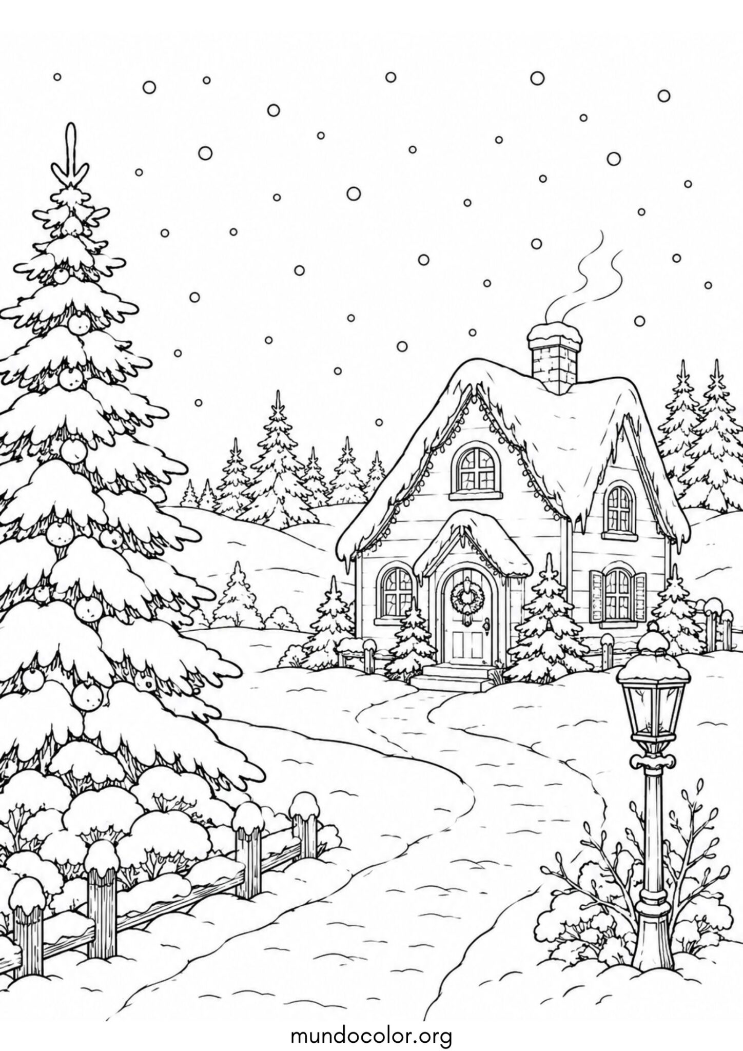Dibujo de Paisaje navideño con nieve para colorear
