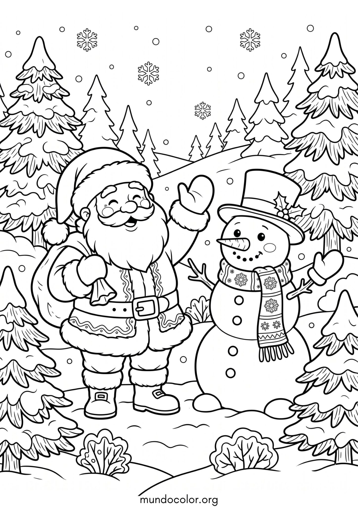 Dibujo de Papá Noel animado y un muñeco de nieve para imprimir Dibujo de Papá Noel animado y un muñeco de nieve para colorear