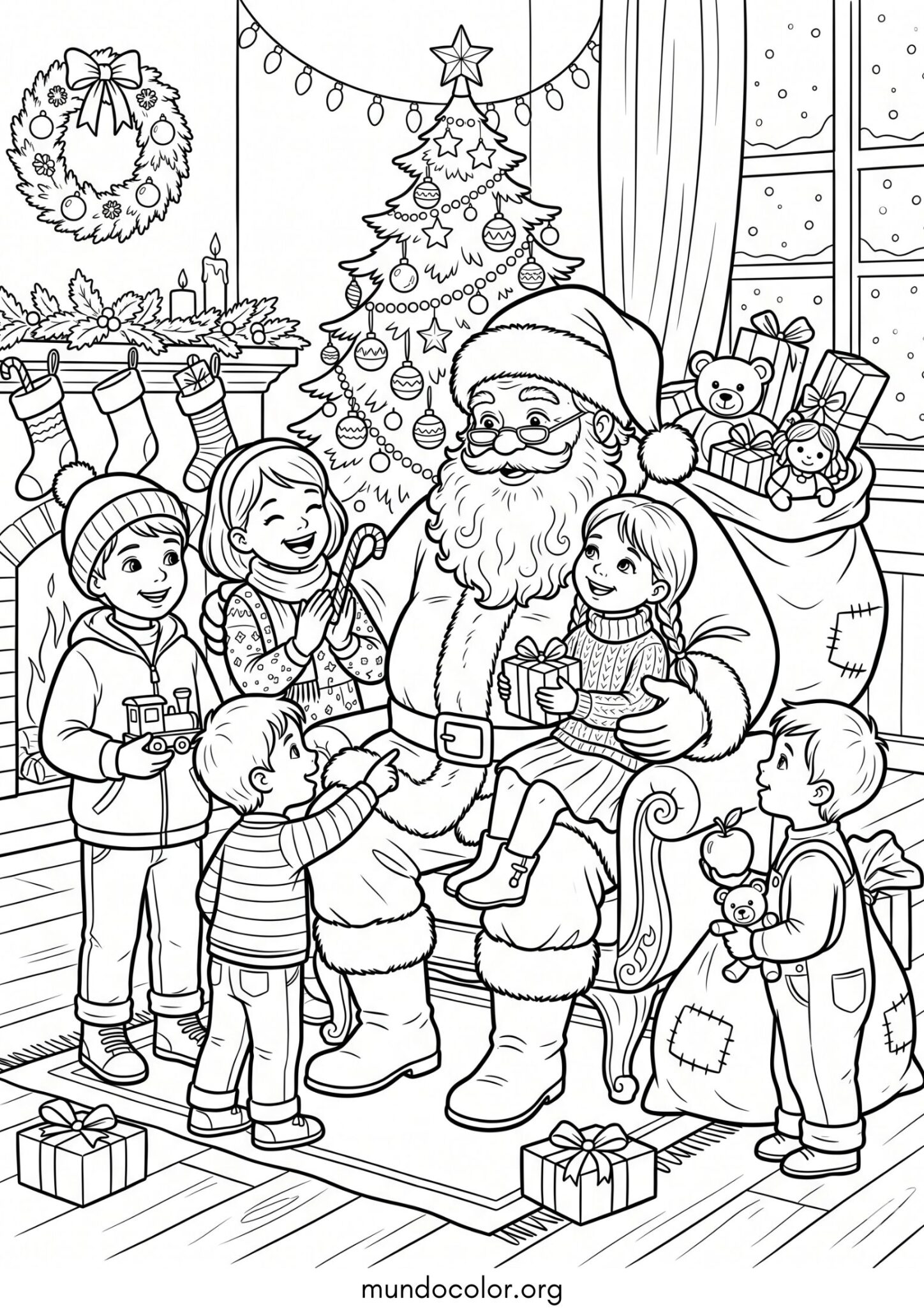 Dibujo de Papá Noel con los niños para colorear