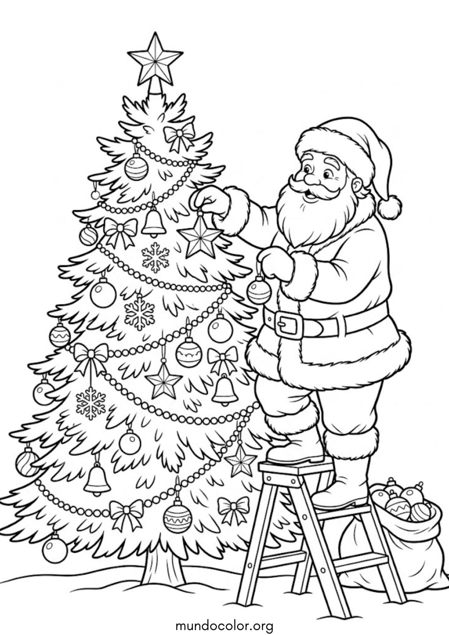 Dibujo de Papá Noel decorando el árbol de Navidad para imprimir Dibujo de Papá Noel decorando el árbol de Navidad para colorear