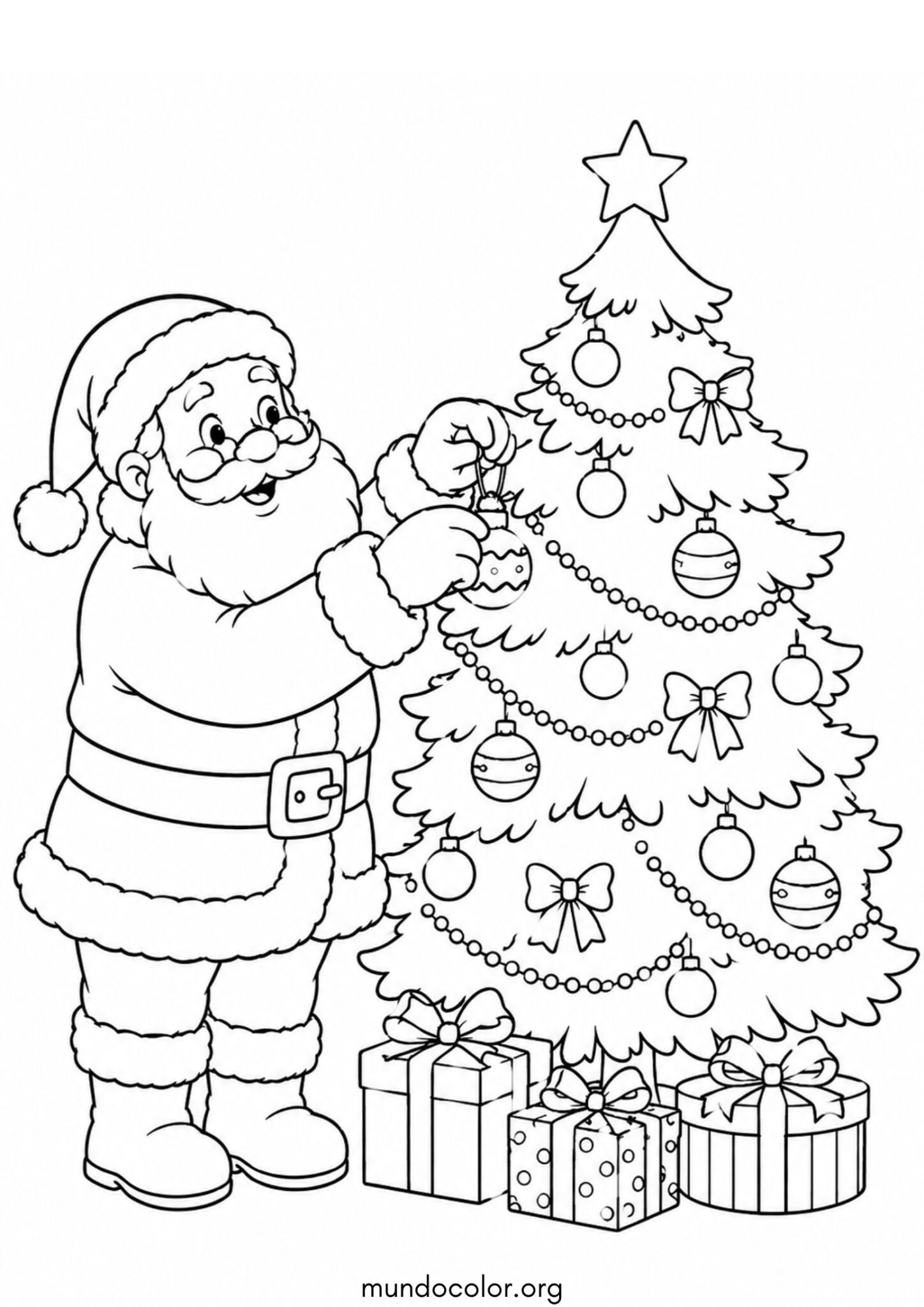 Dibujo de Papá Noel junto al árbol de Navidad para imprimir Dibujo de Papá Noel junto al árbol de Navidad para colorear