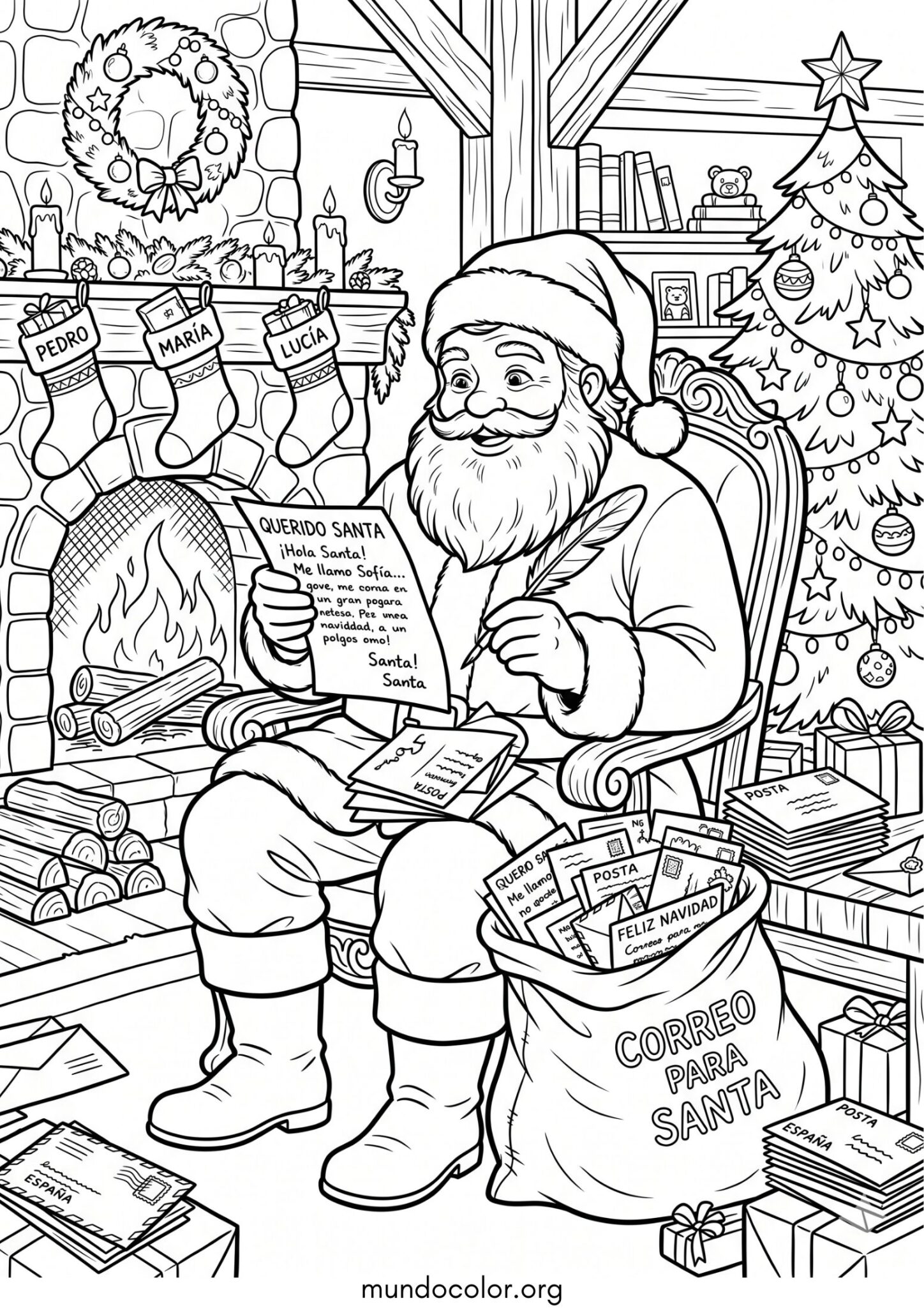 Dibujo de Papá Noel leyendo cartas de los niños para colorear