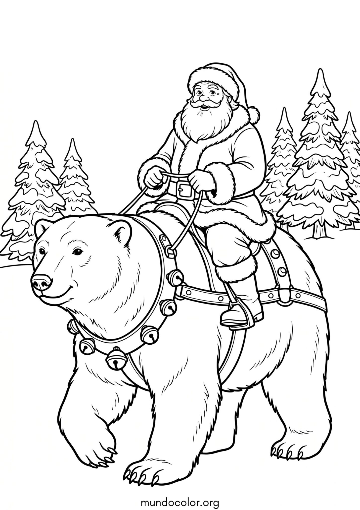 Dibujo de Papá Noel montando un oso polar para imprimir Dibujo de Papá Noel montando un oso polar para colorear