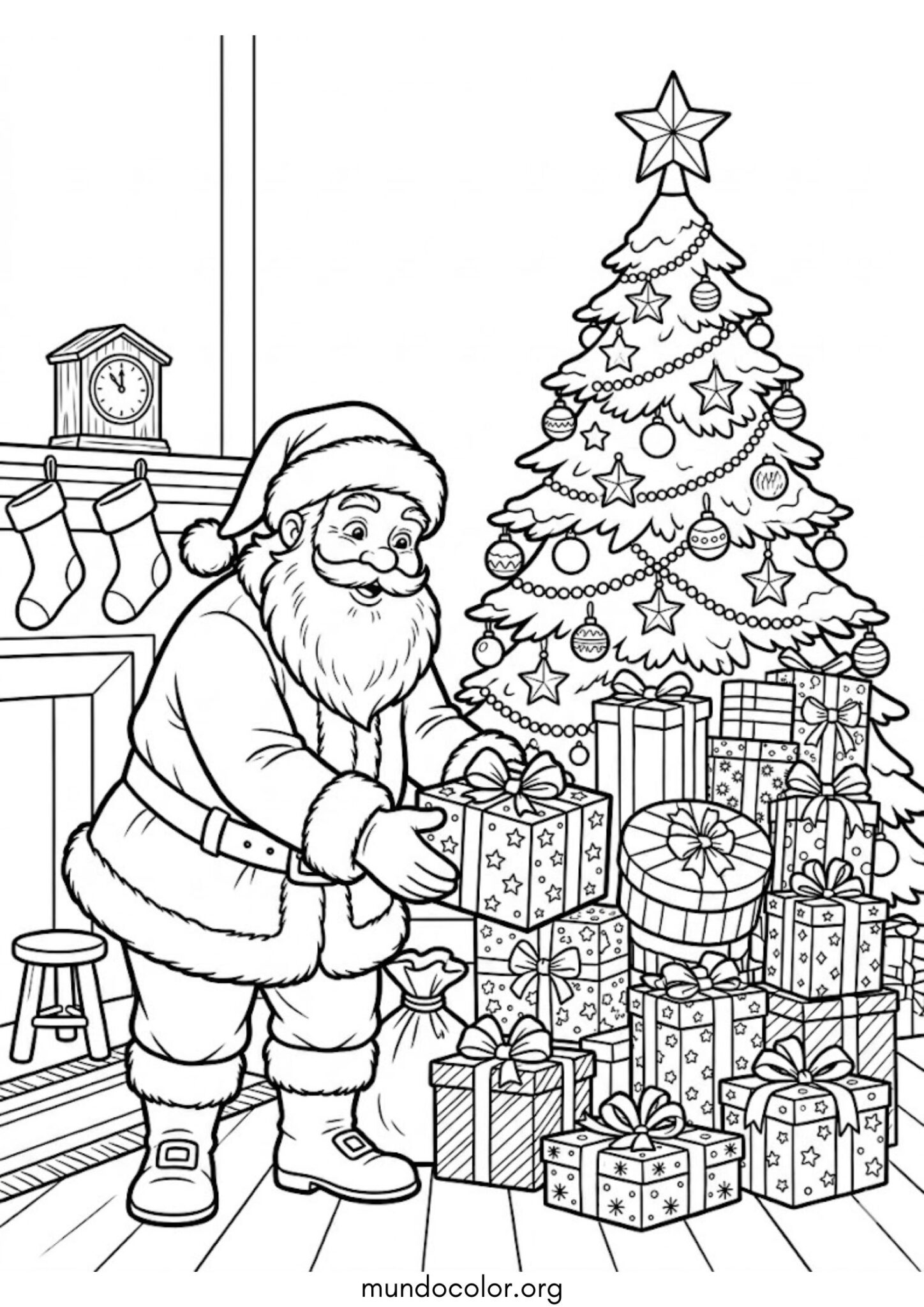 Dibujo de Papá Noel poniendo un regalo bajo el árbol para imprimir Dibujo de Papá Noel poniendo un regalo bajo el árbol para colorear