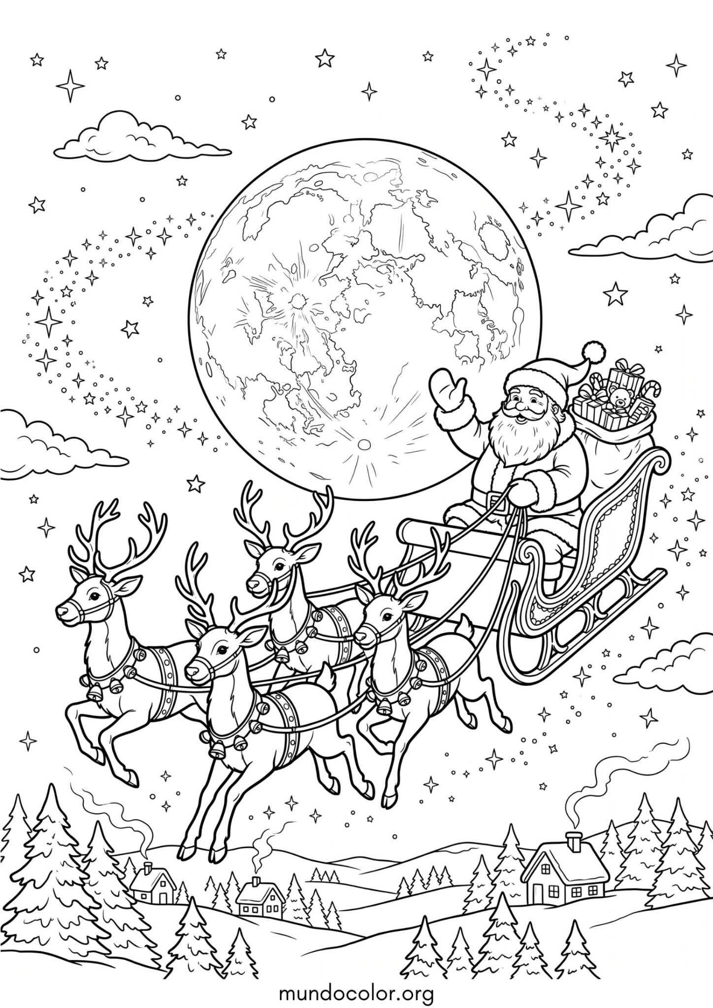 Dibujo de Papá Noel volando en su trineo con la Luna de fondo para imprimir Dibujo de Papá Noel volando en su trineo con la Luna de fondo para colorear
