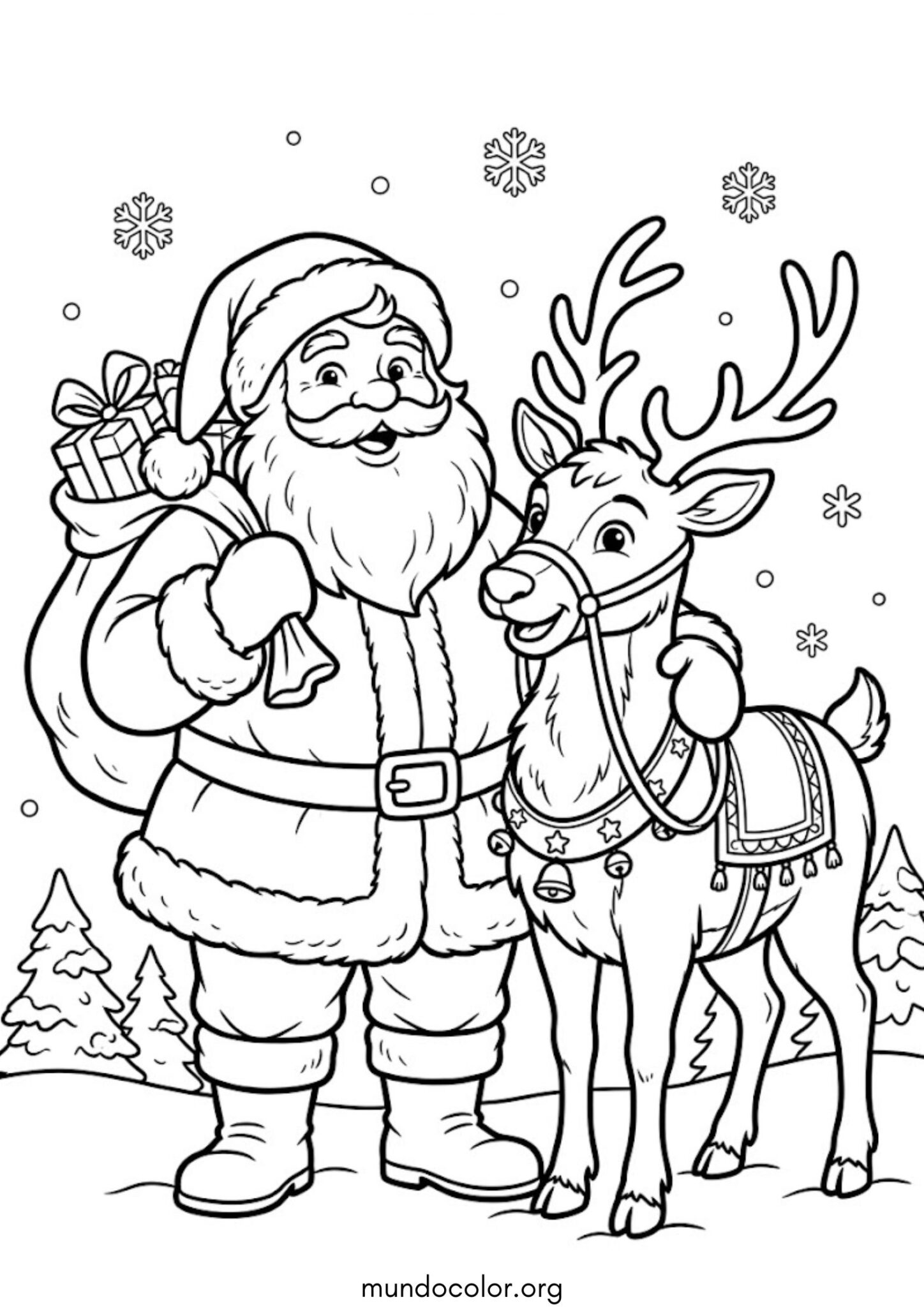 Dibujo de Papá Noel y el reno de Navidad para imprimir Dibujo de Papá Noel y el reno de Navidad para colorear