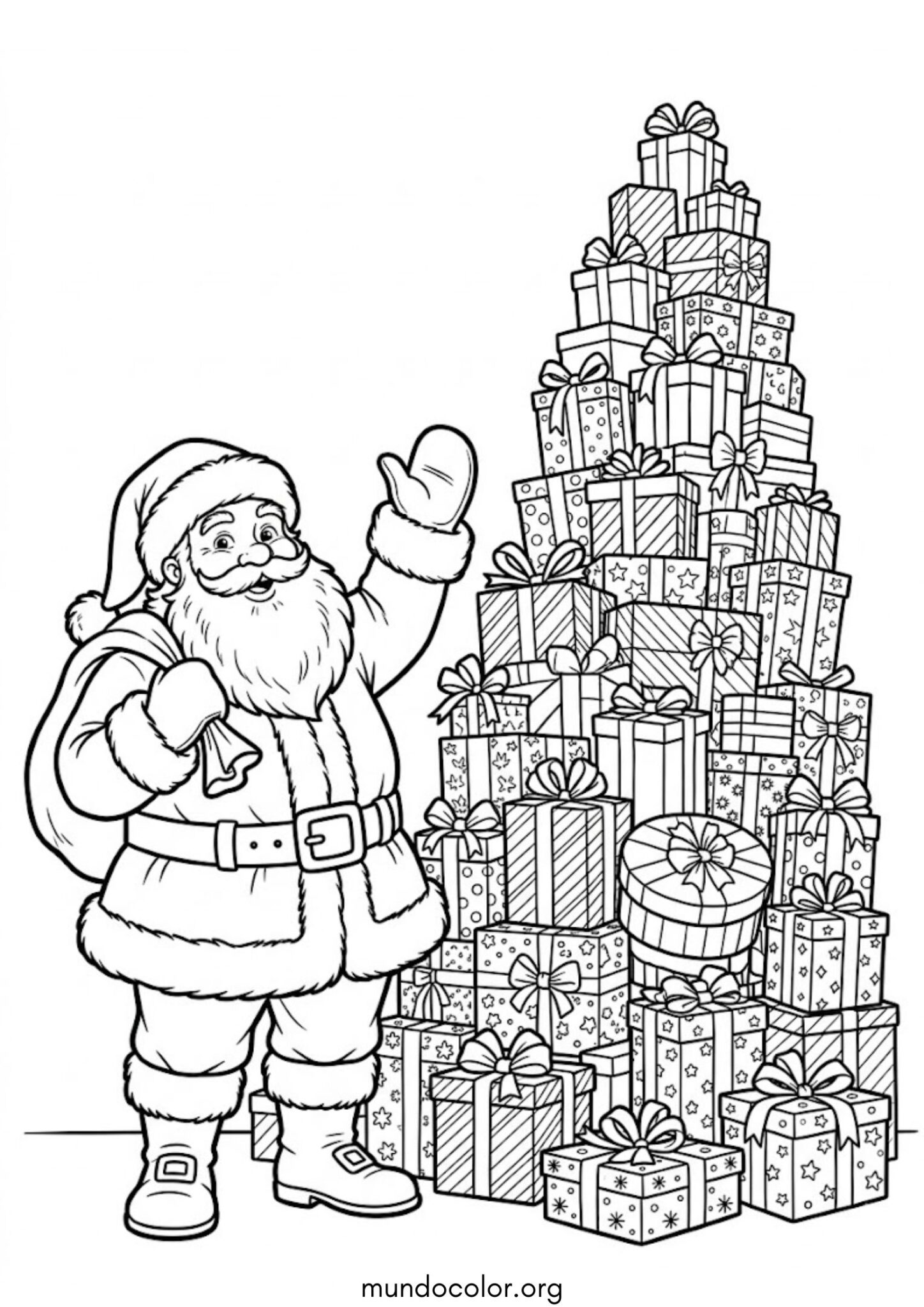 Dibujo de Papá Noel y una montaña de regalos para colorear