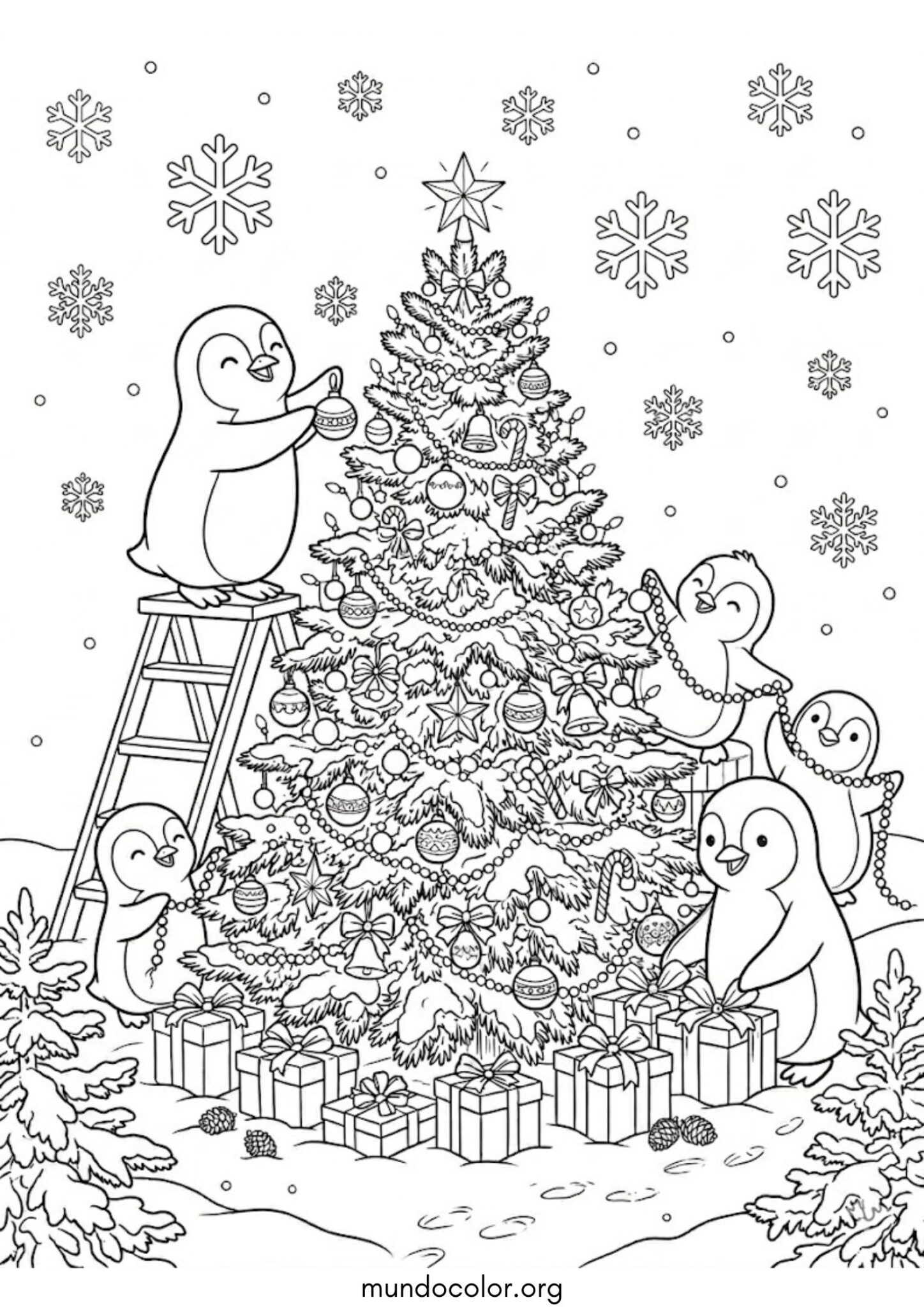 Dibujo de Pingüinos decorando el árbol de Navidad para imprimir Dibujo de Pingüinos decorando el árbol de Navidad para colorear