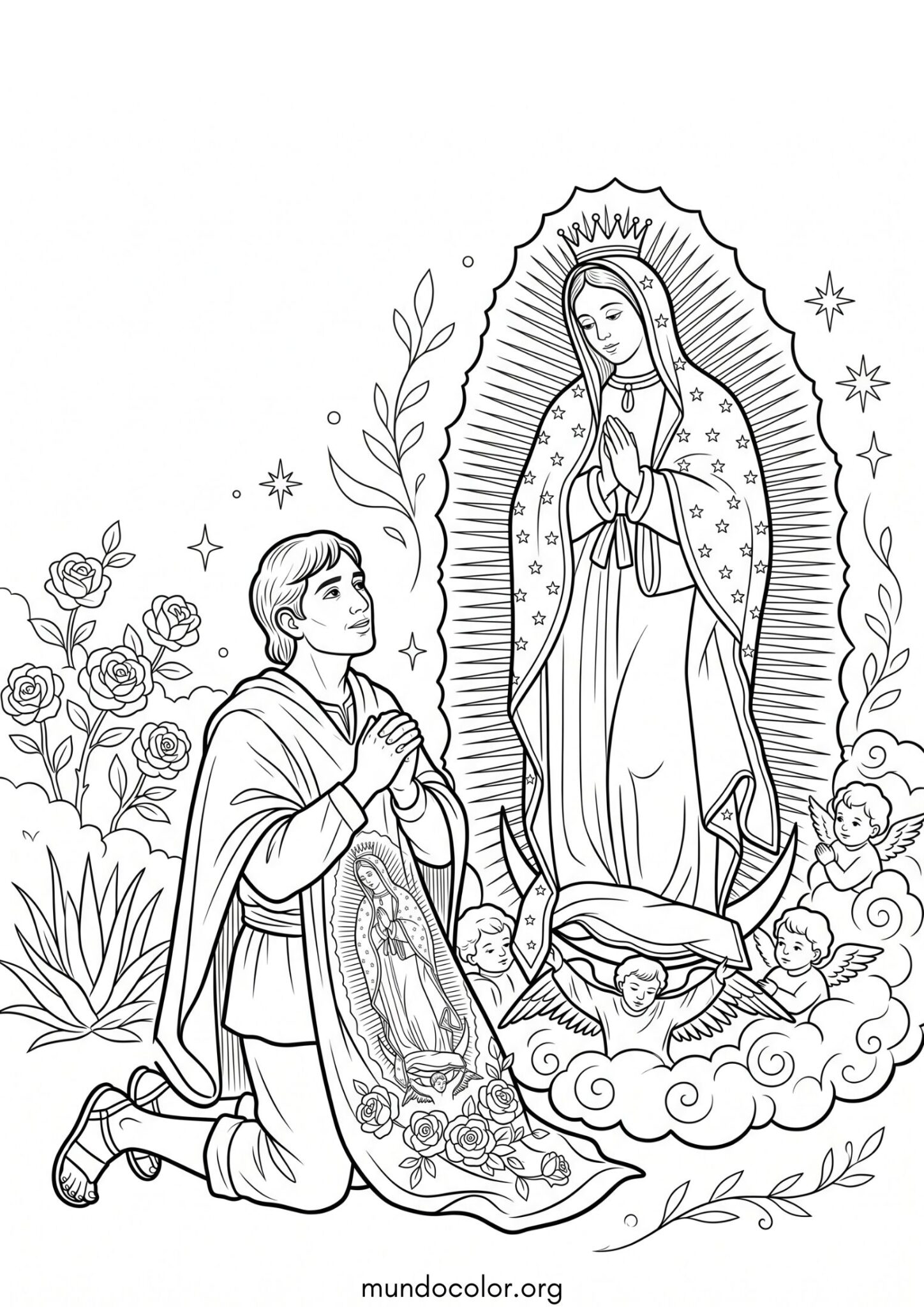 Dibujo de San Juan Diego y la Virgen para imprimir Dibujo de San Juan Diego y la Virgen para colorear