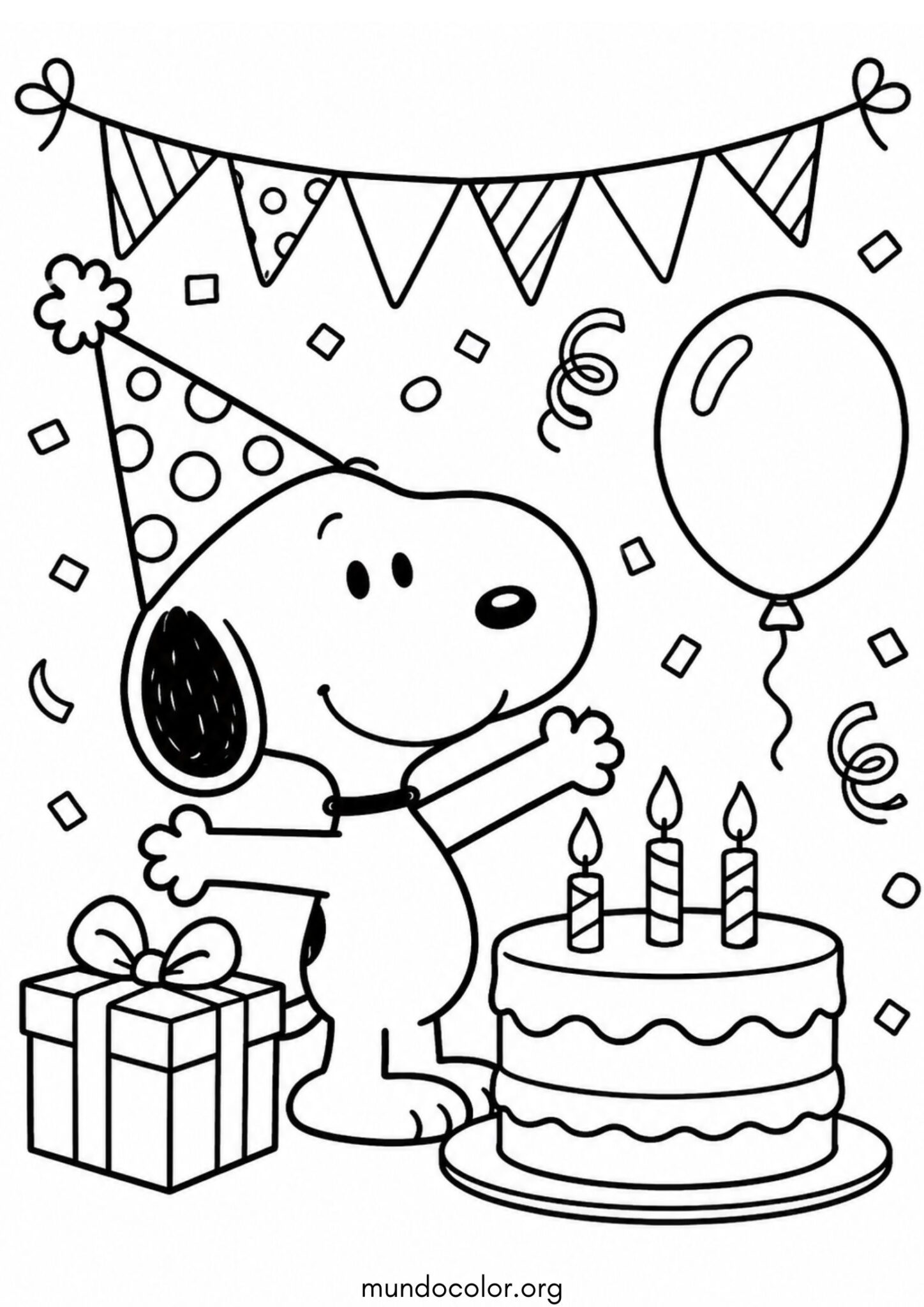 Dibujo de Snoopy celebrando su cumpleaños para colorear