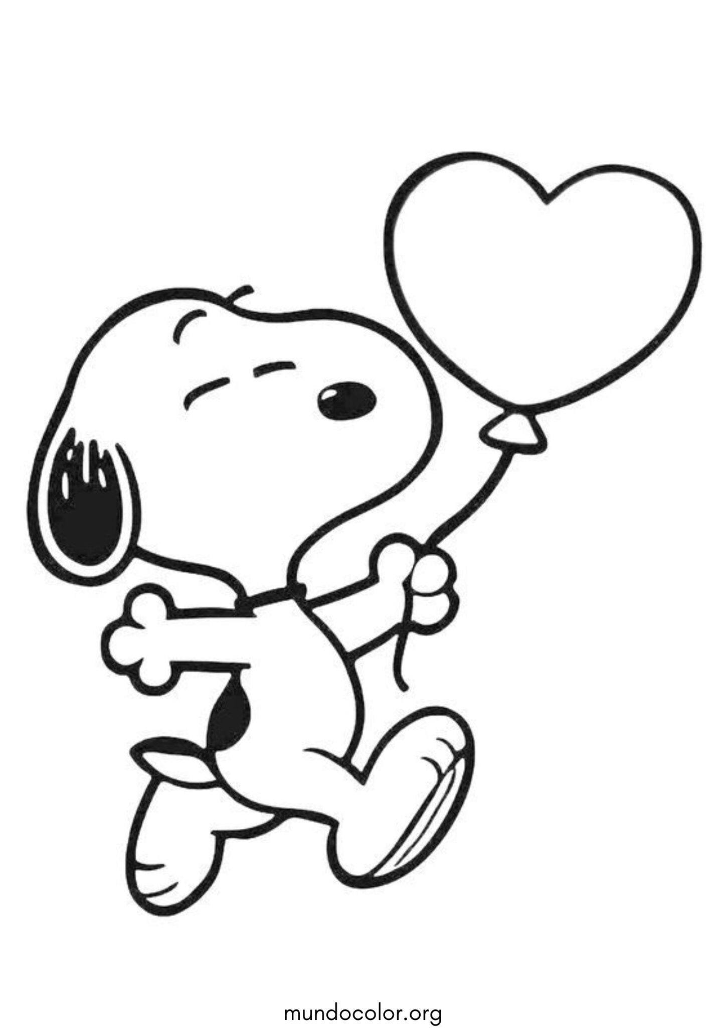 Dibujo de Snoopy con un globo de corazón para imprimir Dibujo de Snoopy con un globo de corazón para colorear