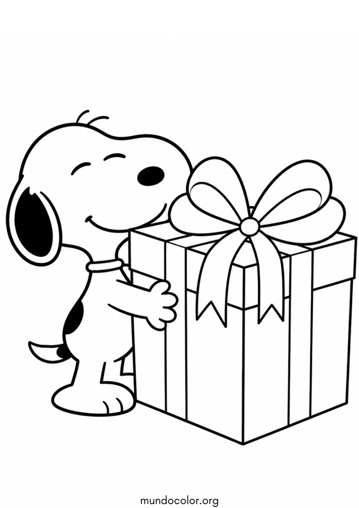 Dibujo de Snoopy con un regalo grande para colorear