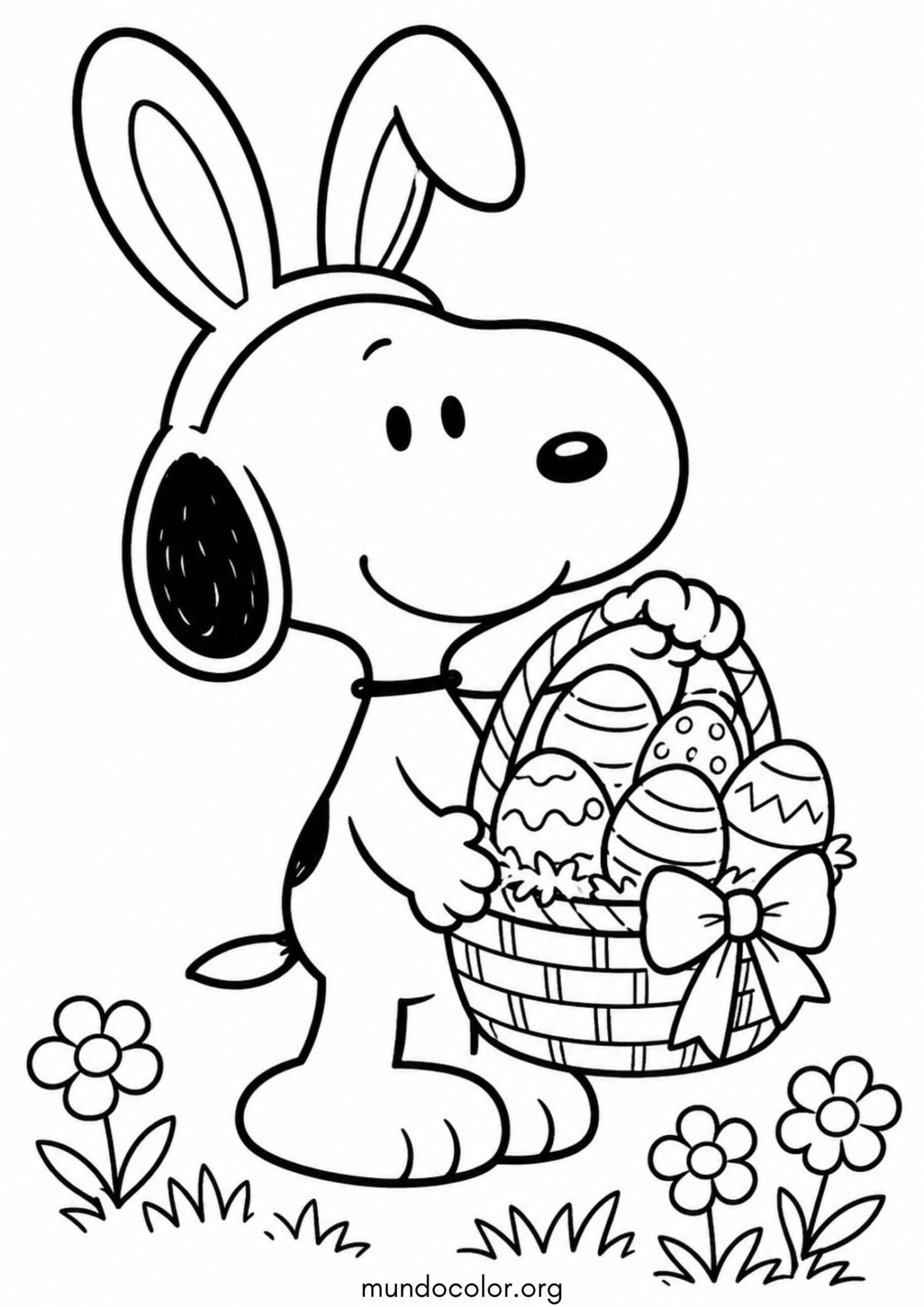 Dibujo de Snoopy con una canasta de Pascua para colorear