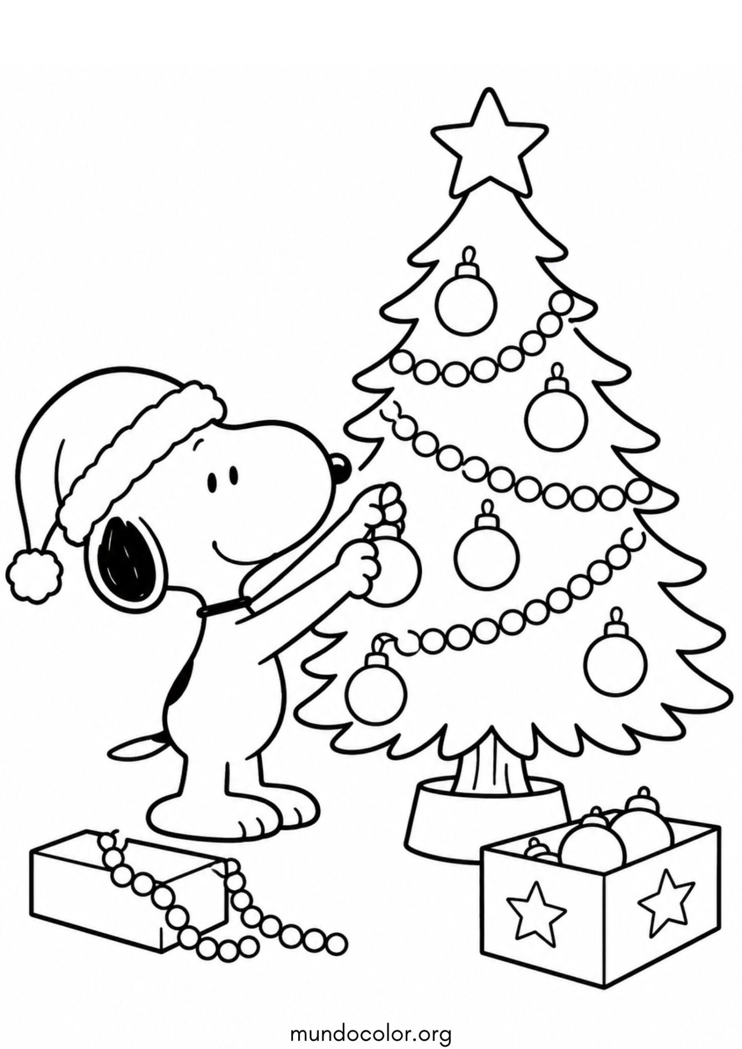 Dibujo de Snoopy decorando el árbol de Navidad para colorear