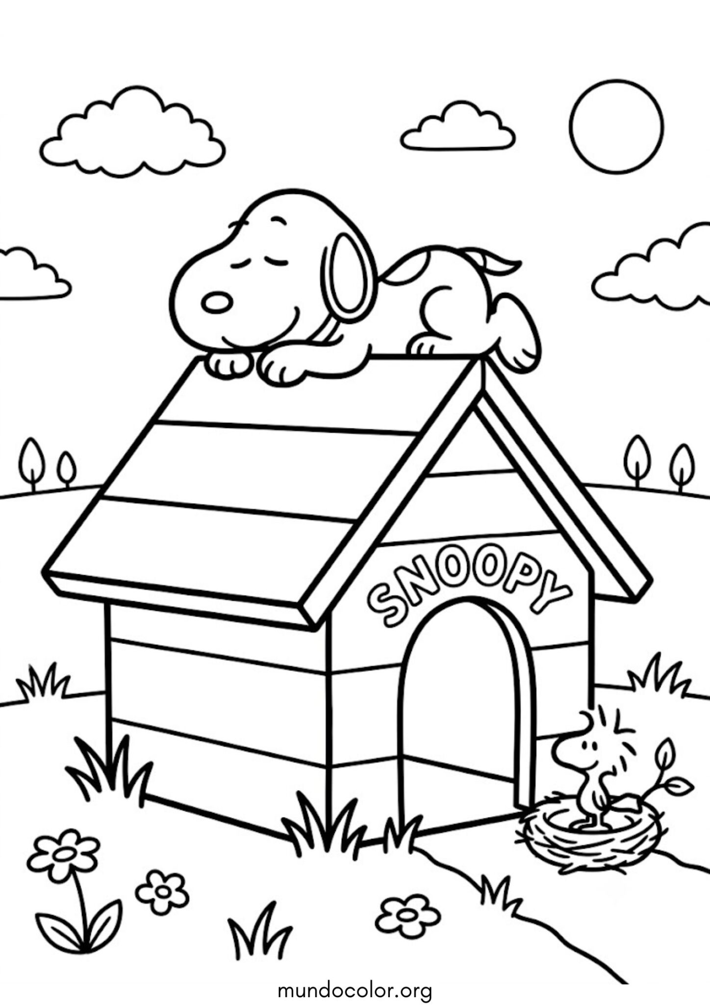 Dibujo de Snoopy en el techo de su casa para colorear