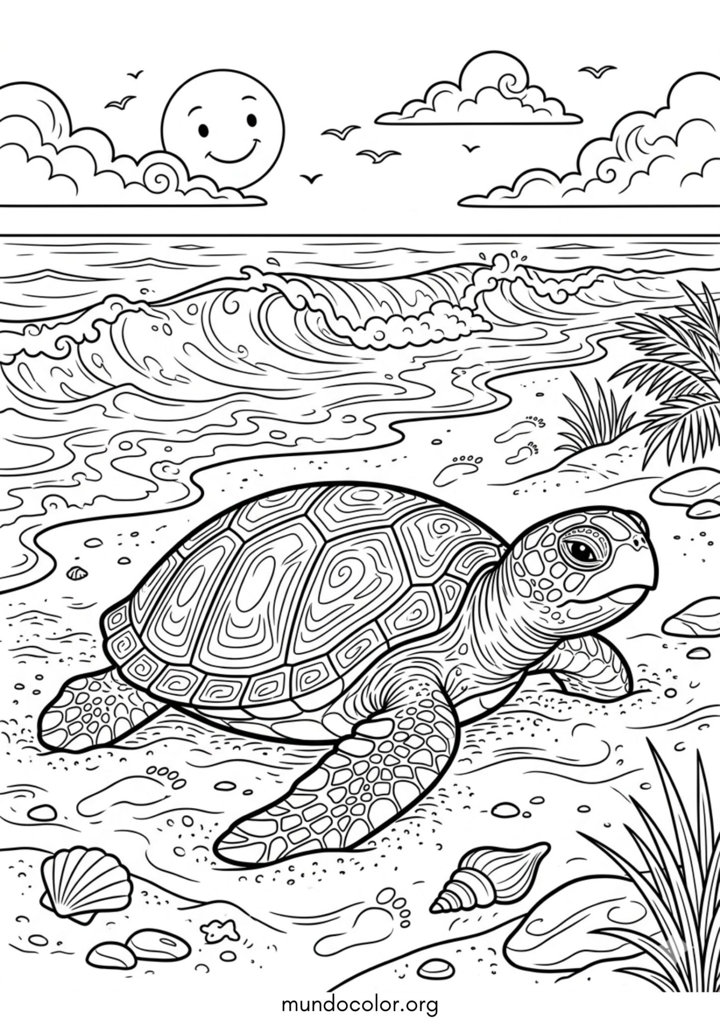 Dibujo de Tortuga en la playa para imprimir Dibujo de Tortuga en la playa para colorear