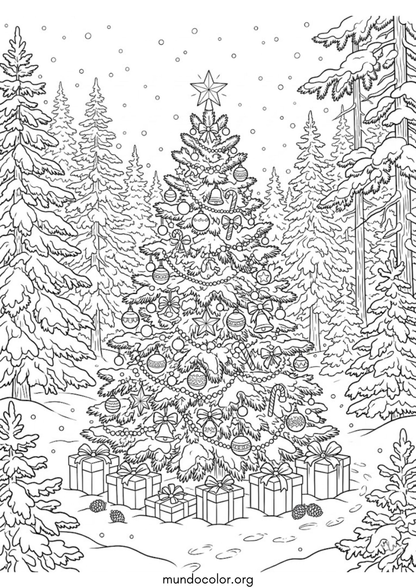 Dibujo de Árbol de Navidad en el bosque para colorear