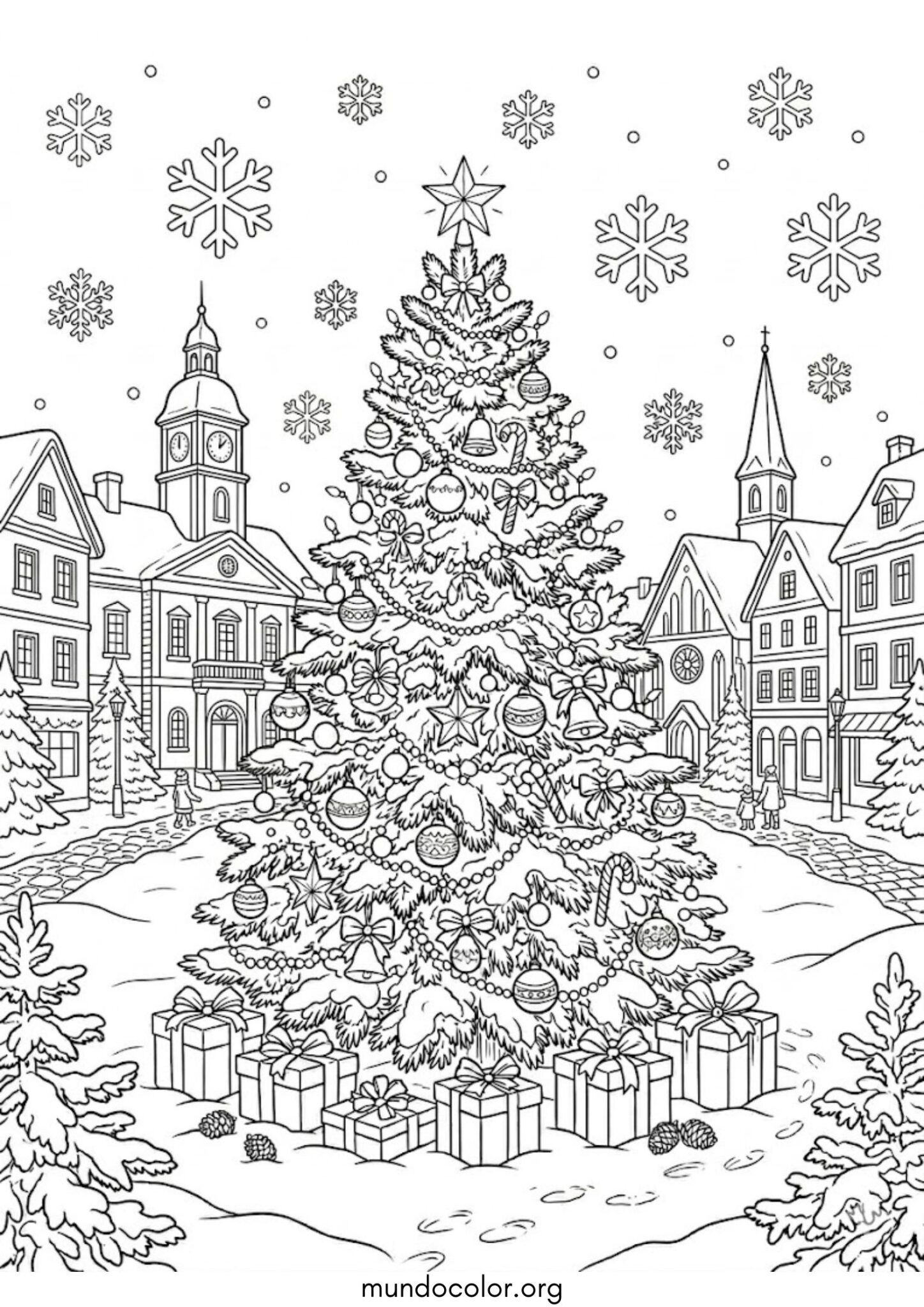 Dibujo de Árbol de Navidad en la plaza central para imprimir Dibujo de Árbol de Navidad en la plaza central para colorear