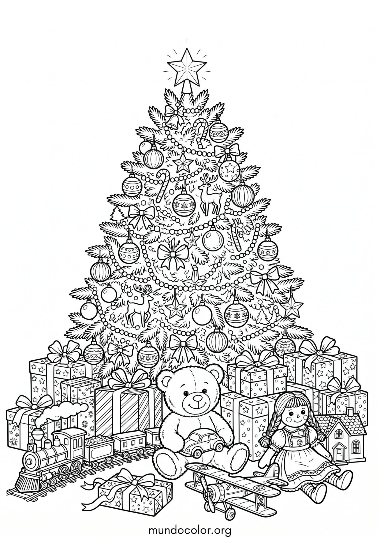 Dibujo de Árbol de Navidad y muchos regalos para imprimir Dibujo de Árbol de Navidad y muchos regalos para colorear