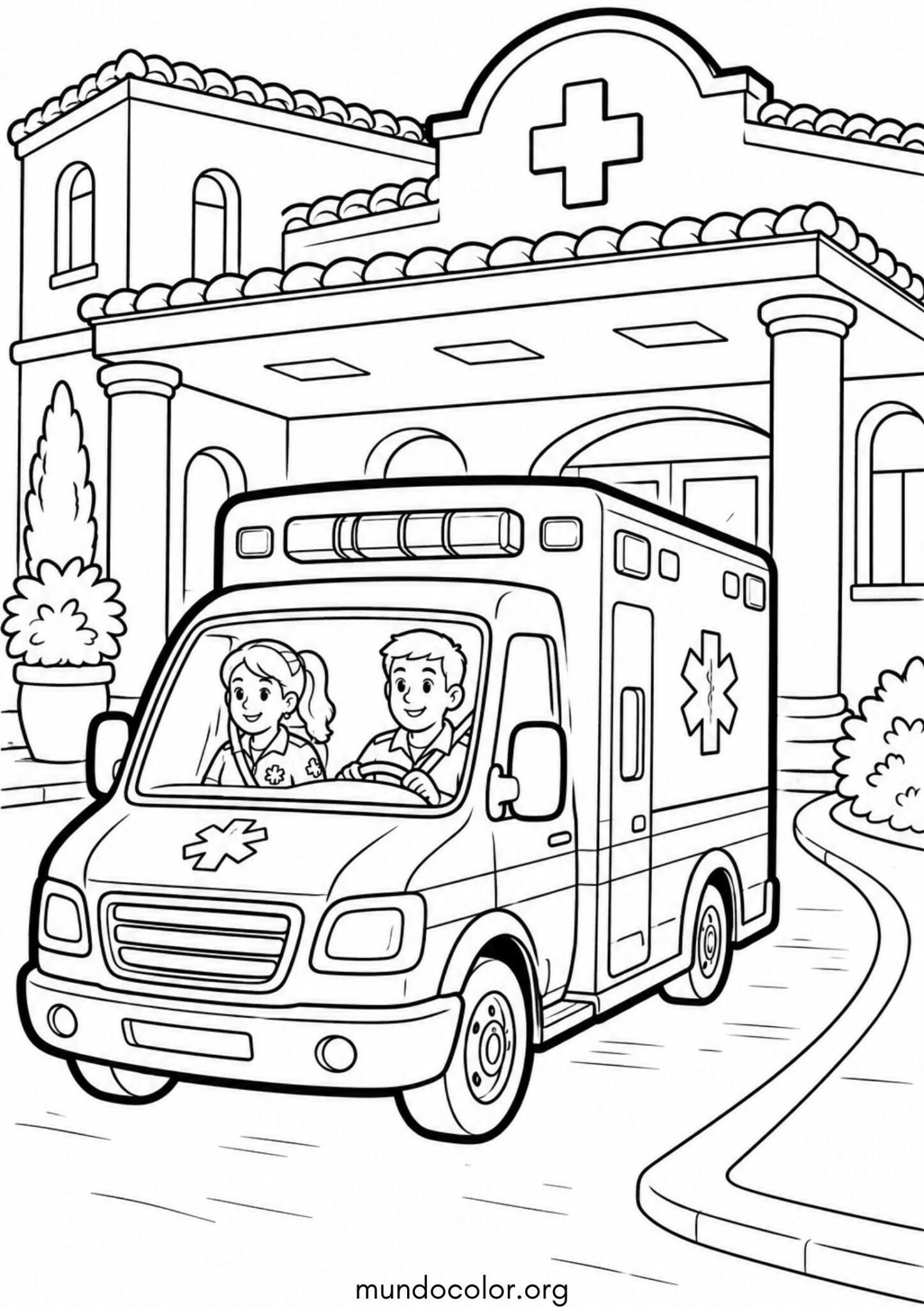 Dibujo de Ambulancia llegando al hospital para imprimir Dibujo de Ambulancia llegando al hospital para colorear
