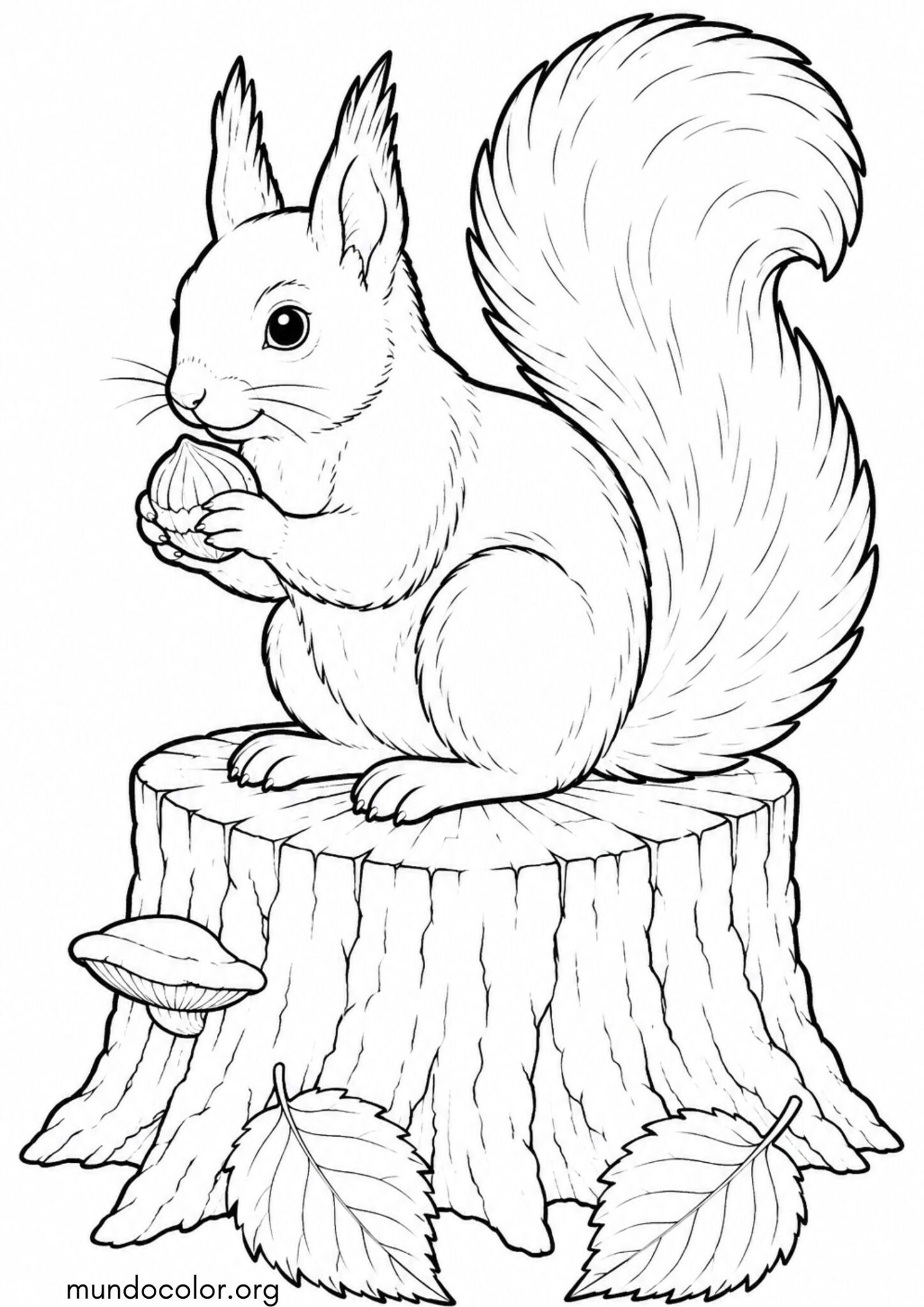 Dibujo de Ardilla de cola esponjosa sobre un muñón para colorear