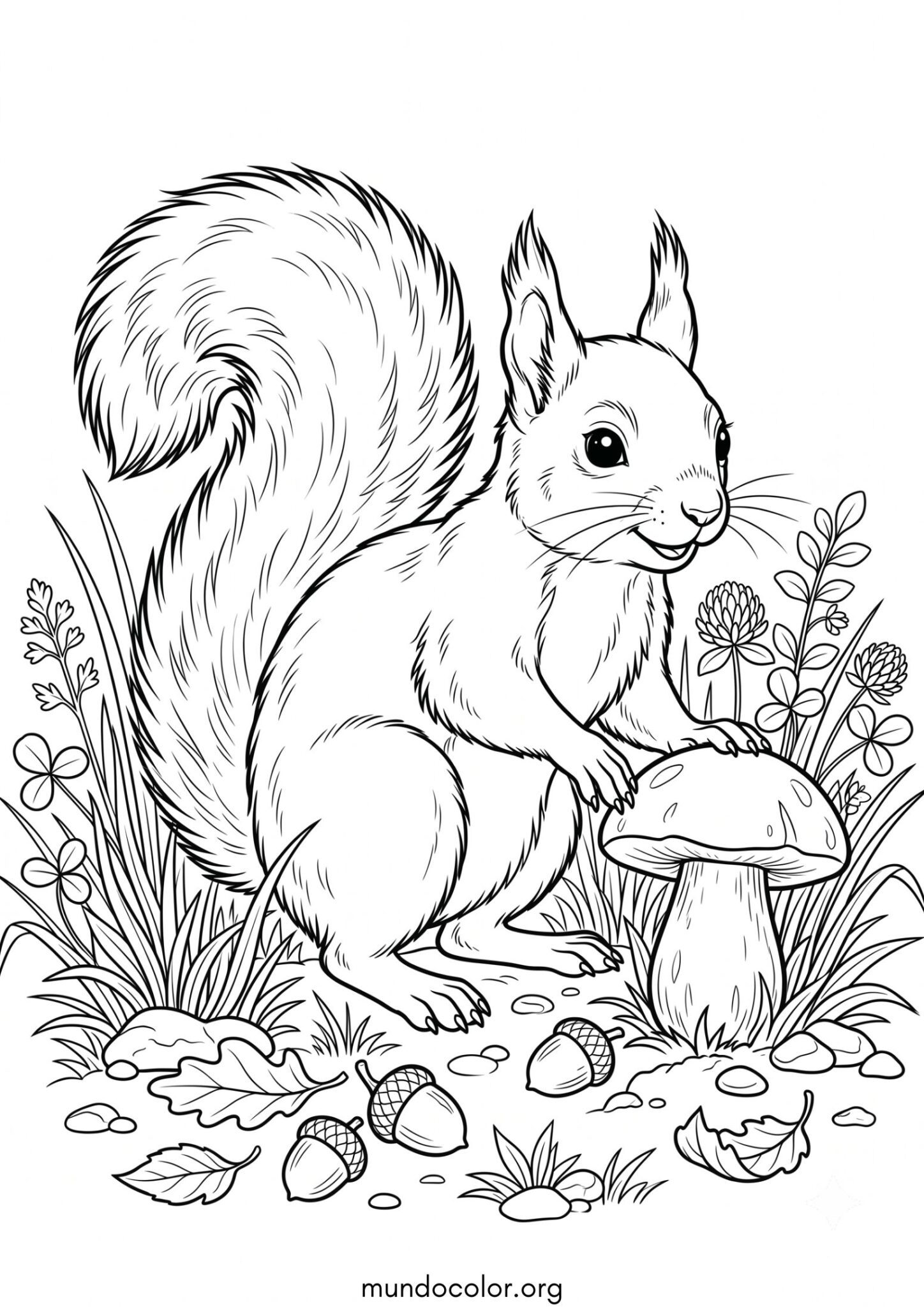 Dibujo de Ardilla realista con un hongo para imprimir Dibujo de Ardilla realista con un hongo para colorear