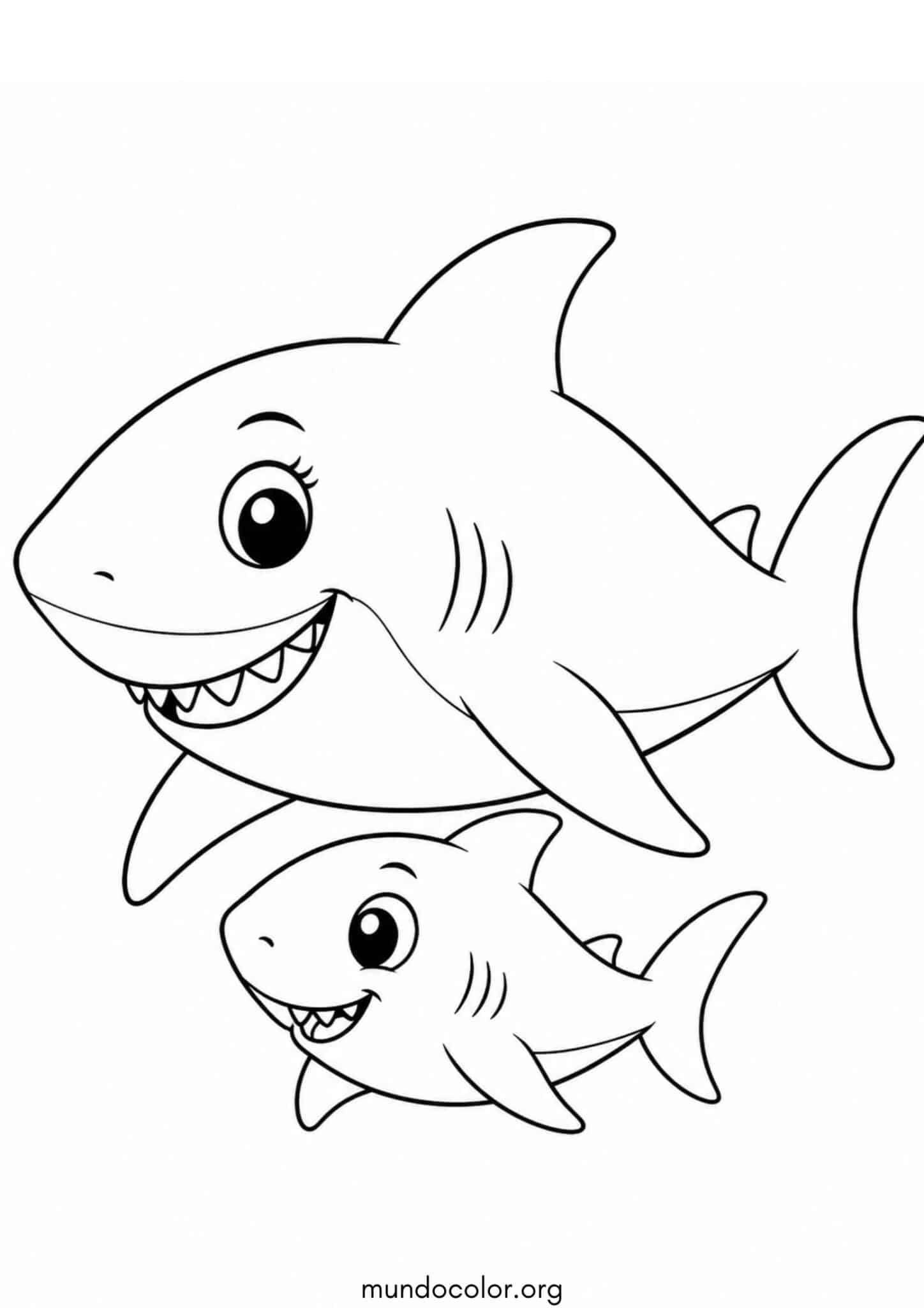Dibujo de Bebé Tiburón con mamá tiburón para colorear