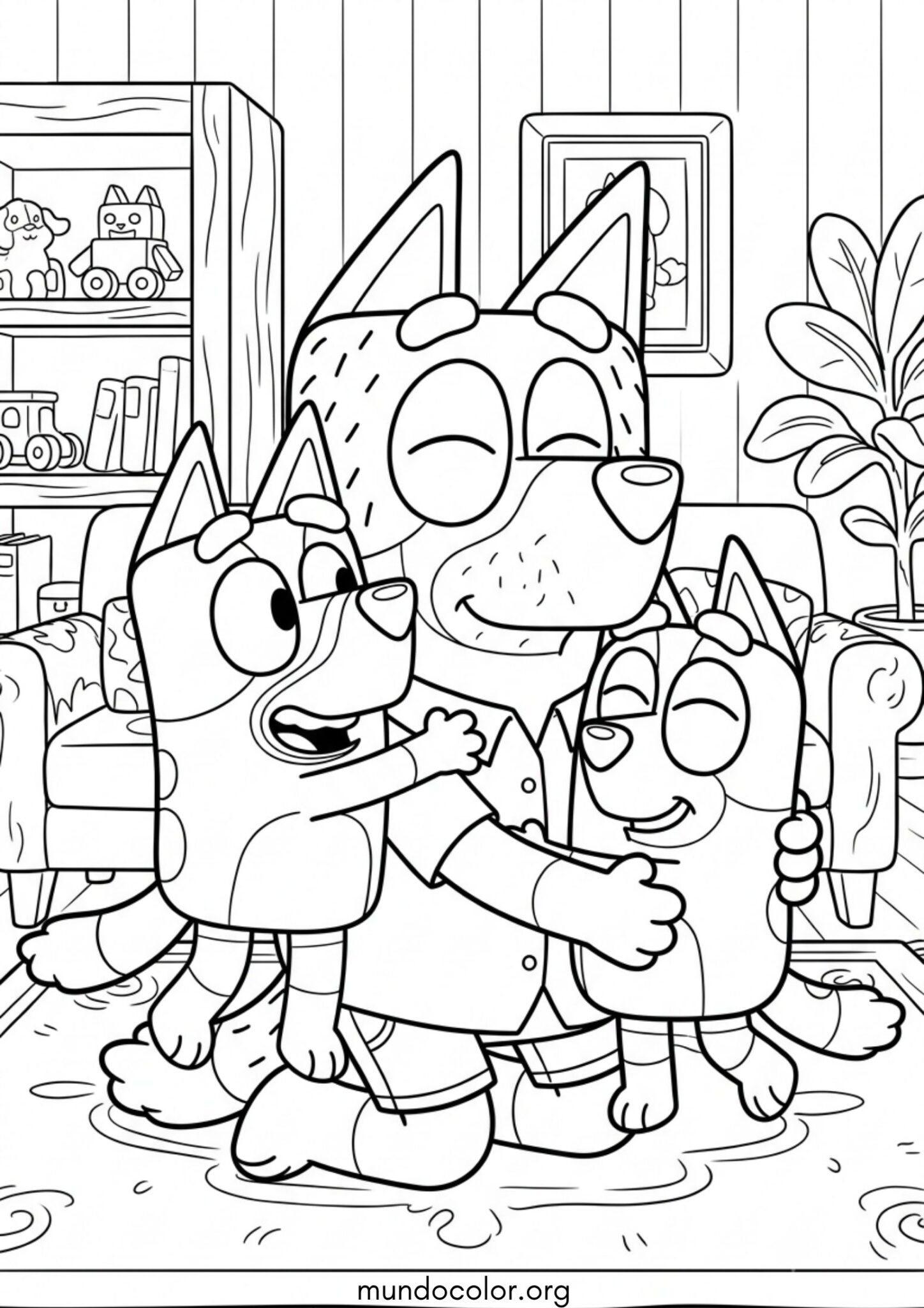 Dibujo de Bluey y Bingo abrazando a papá Bandit para imprimir Dibujo de Bluey y Bingo abrazando a papá Bandit para colorear