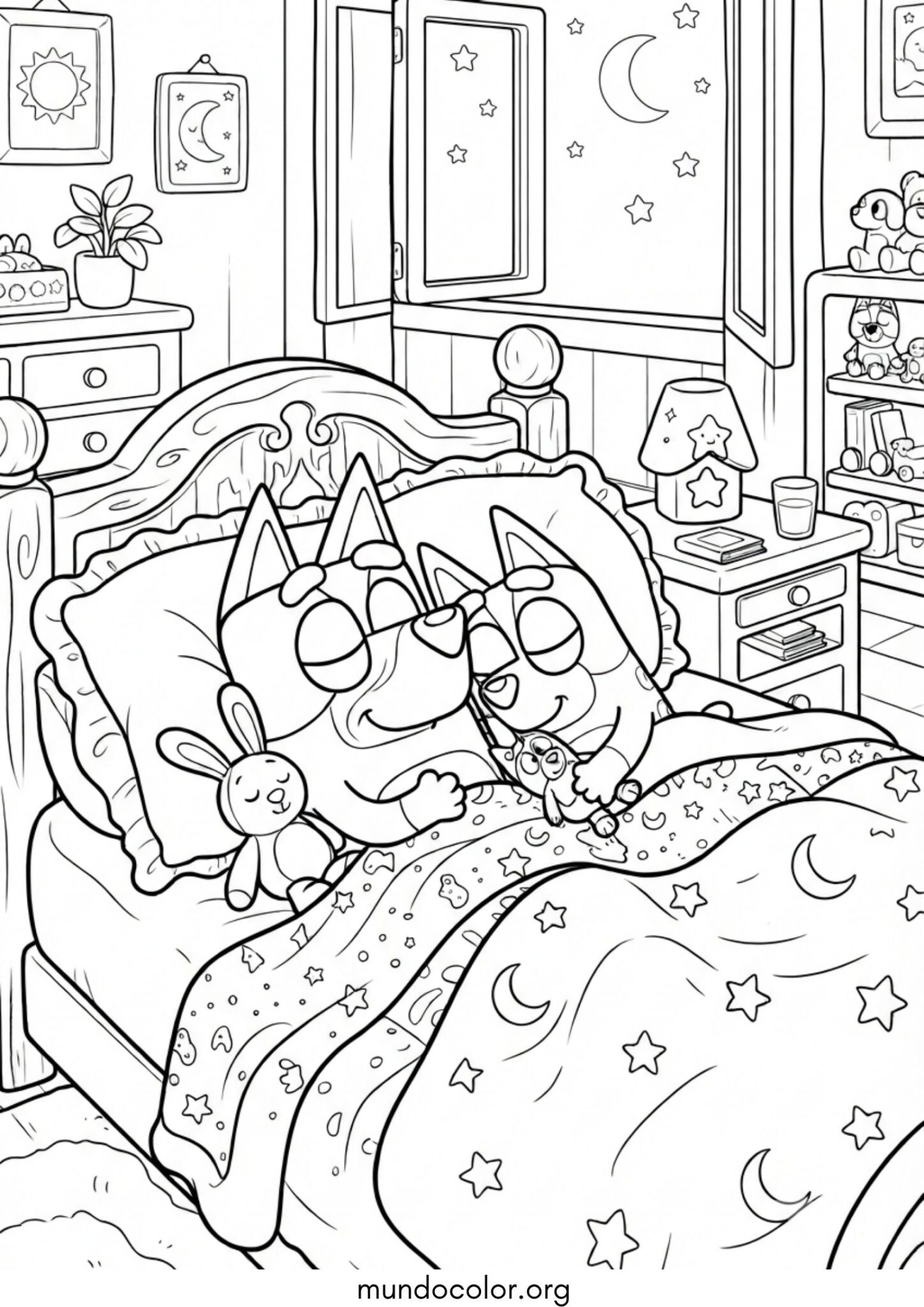 Dibujo de Bluey y Bingo durmiendo en la cama para imprimir Dibujo de Bluey y Bingo durmiendo en la cama para colorear