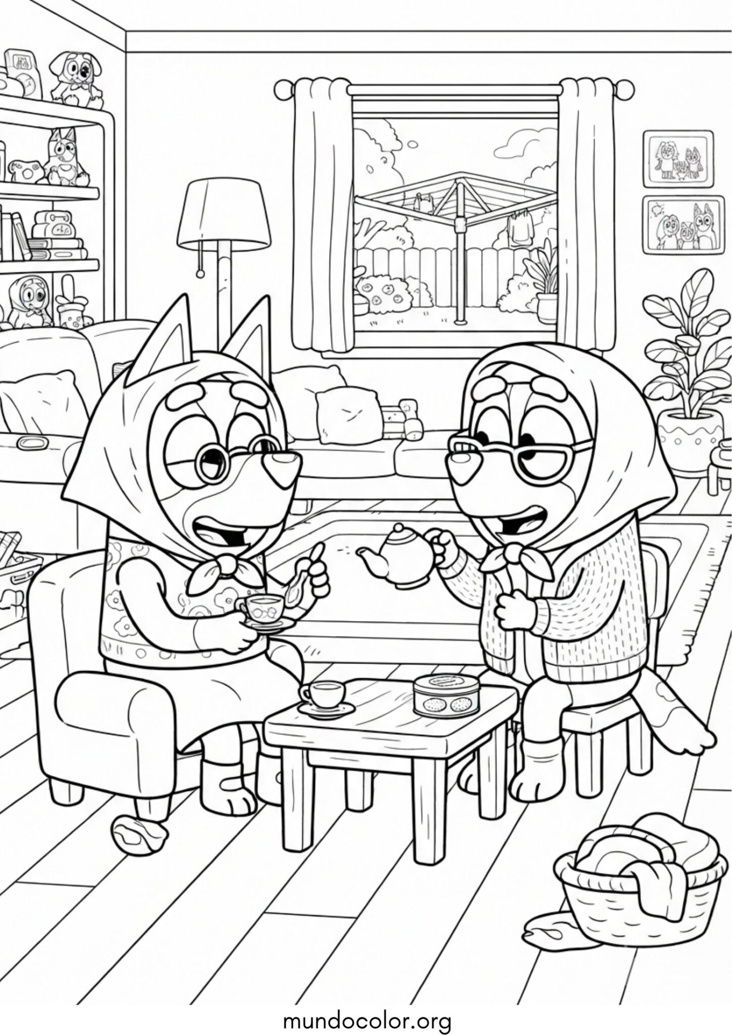 Dibujo de Bluey y Bingo jugando a las abuelitas para imprimir Dibujo de Bluey y Bingo jugando a las abuelitas para colorear