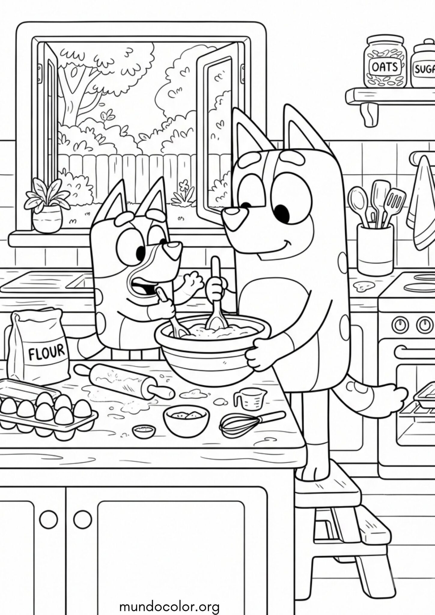 Dibujo de Bluey y mamá Chilli en la cocina para imprimir Dibujo de Bluey y mamá Chilli en la cocina para colorear