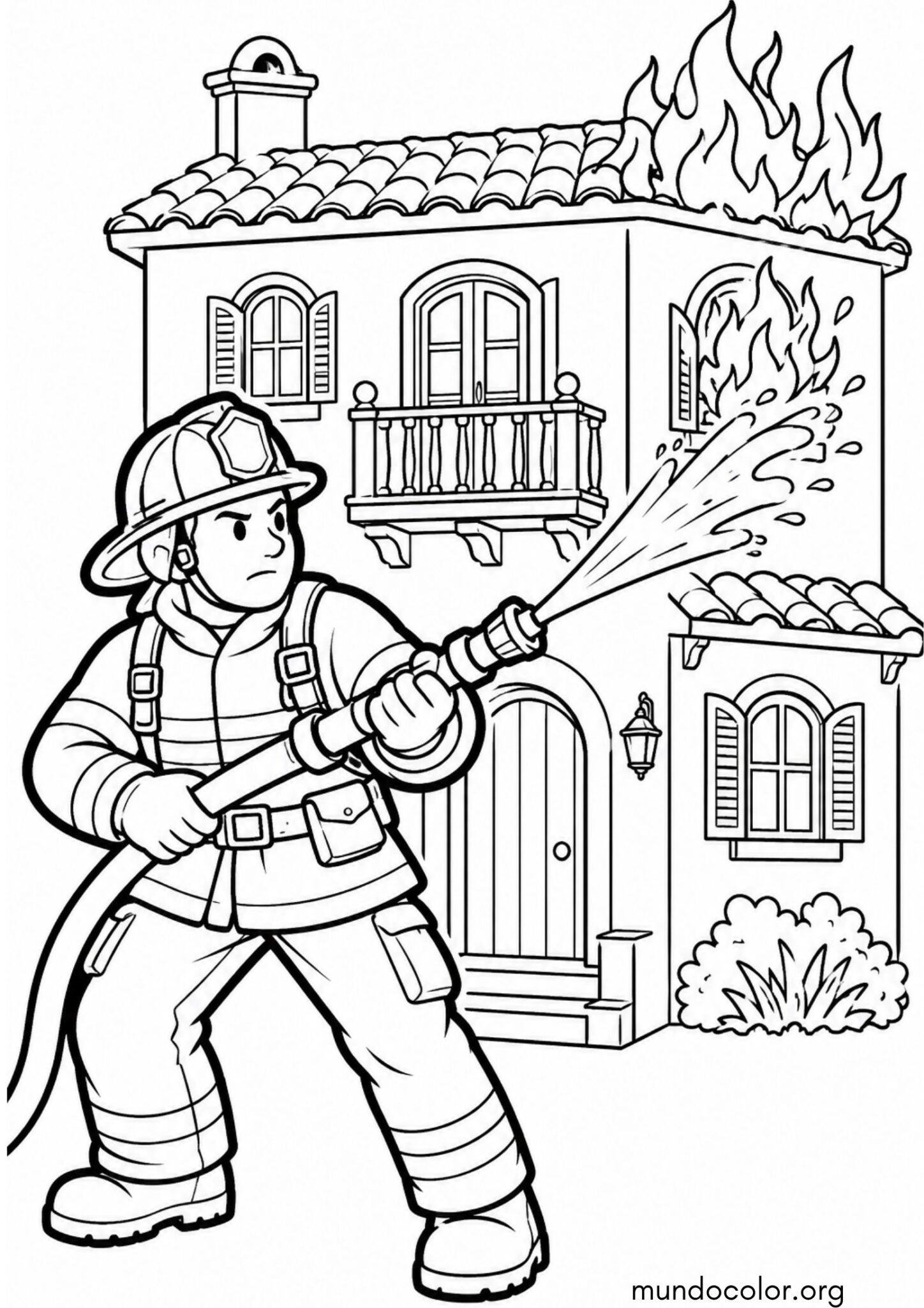 Dibujo de Bombero apagando un incendio en una casa para imprimir Dibujo de Bombero apagando un incendio en una casa para colorear